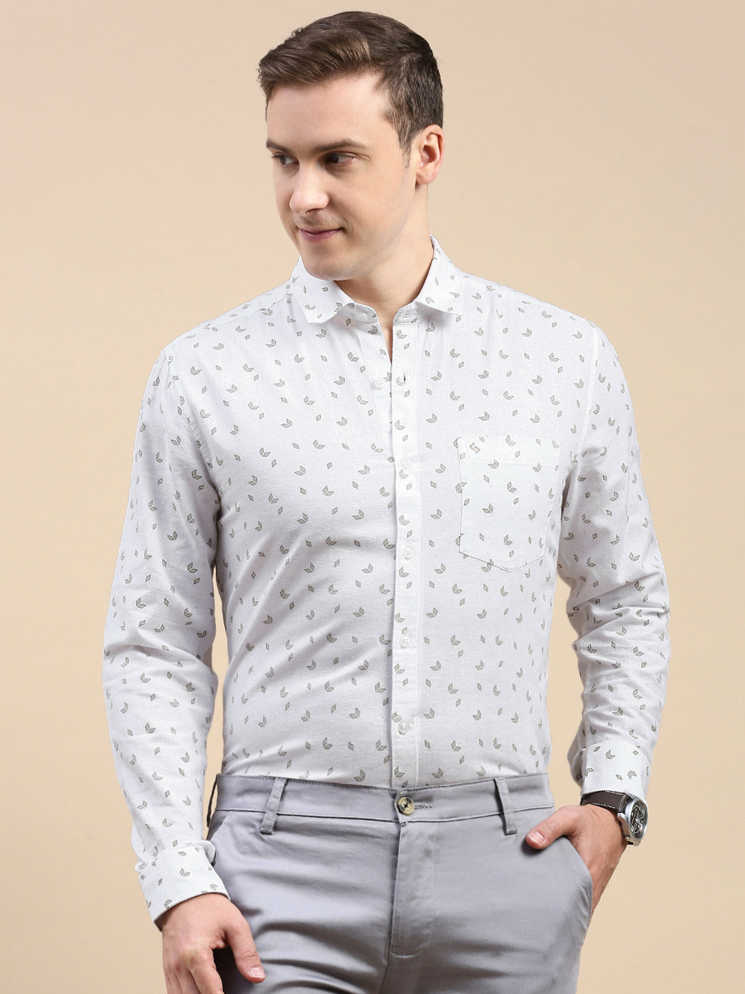 Classic Polo Men's Polo Neck Cotton Linen White/Grey Slim Fit Printed Shirt | LINEN-32B-FS-PRT-SF