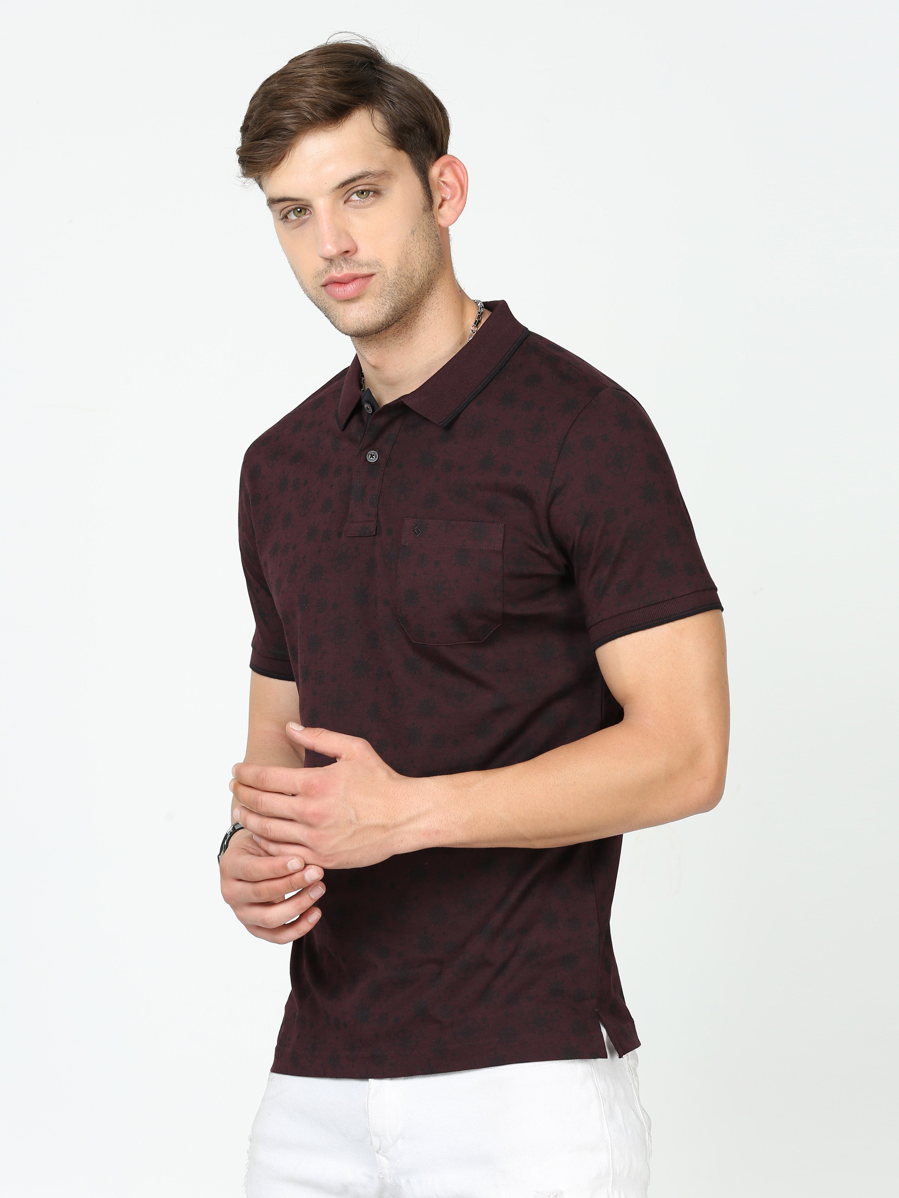 Classic Polo Mens Cotton Half Sleeves Floral Slim Fit Polo Neck Maroon Color T-Shirt | Bello - 228 B Sf P