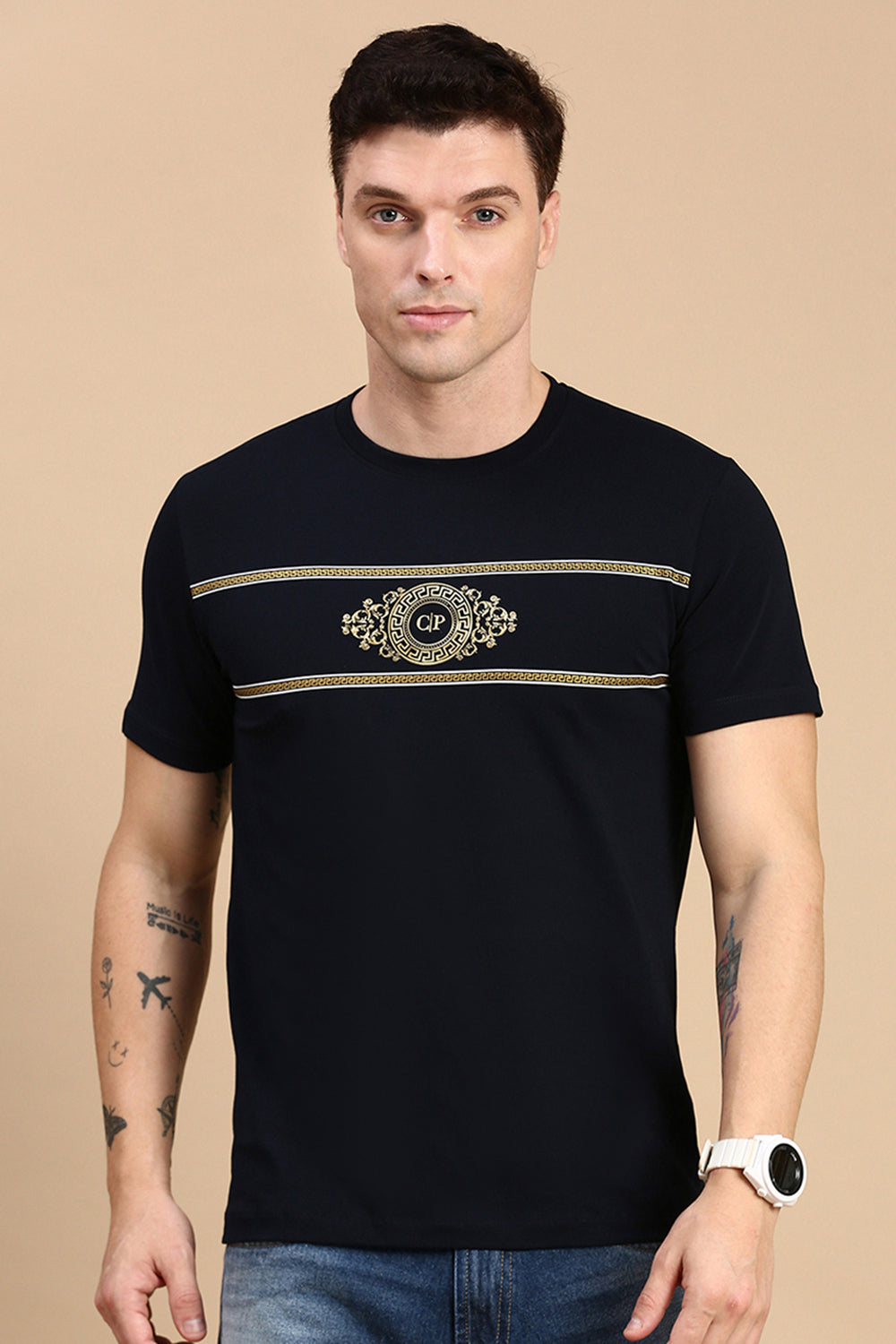 Classic Polo Men's Half Sleeve Navy/Yellow Crew Neck Slim Fit Printed T-Shirt | ELITE-CREW-24 B SF C