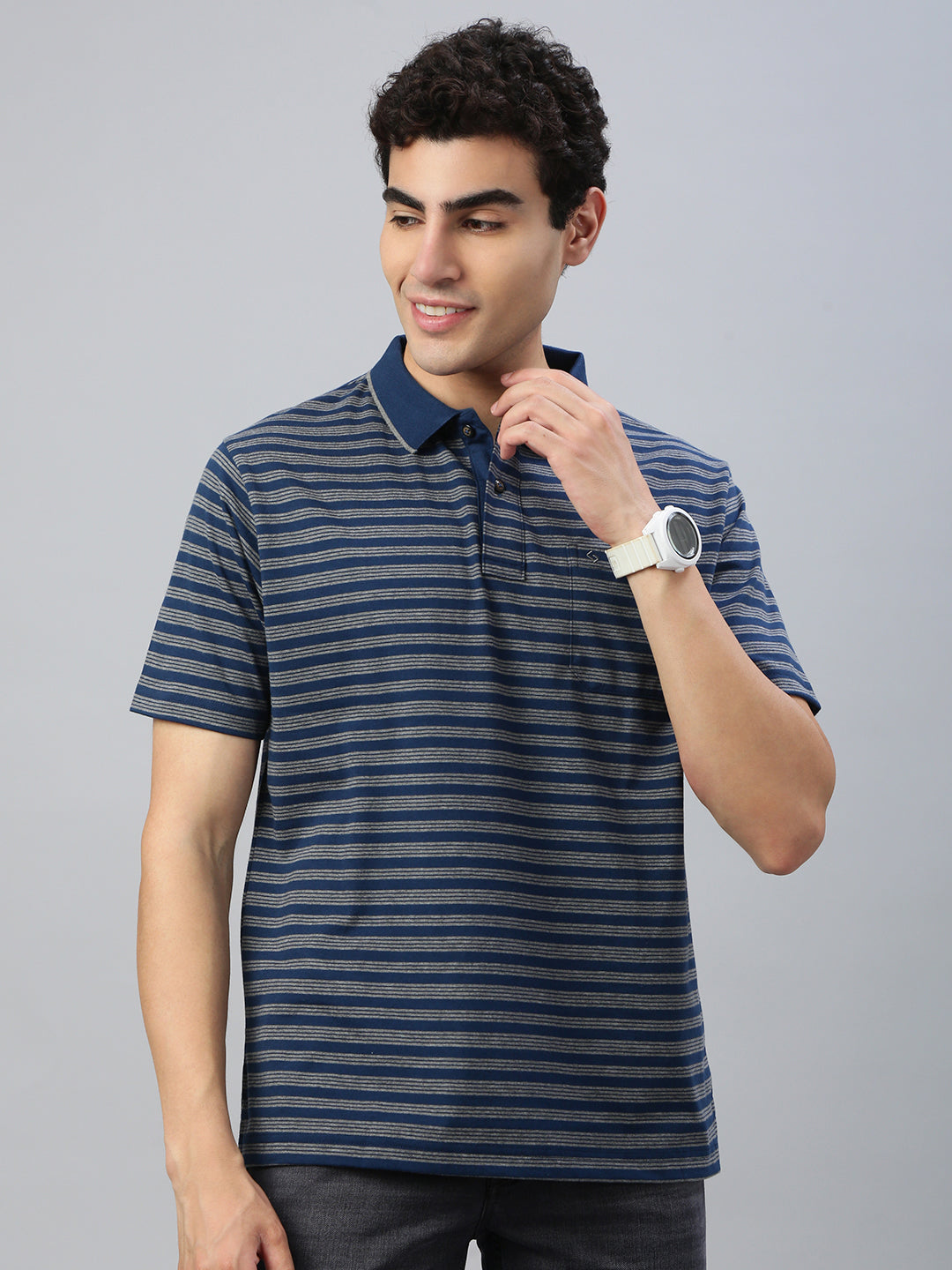 Classic Polo Men's Half Sleeve Navy Blue/Grey Polo Neck Authentic Fit Striped T-Shirt||FEEDERS - 279 A AF P