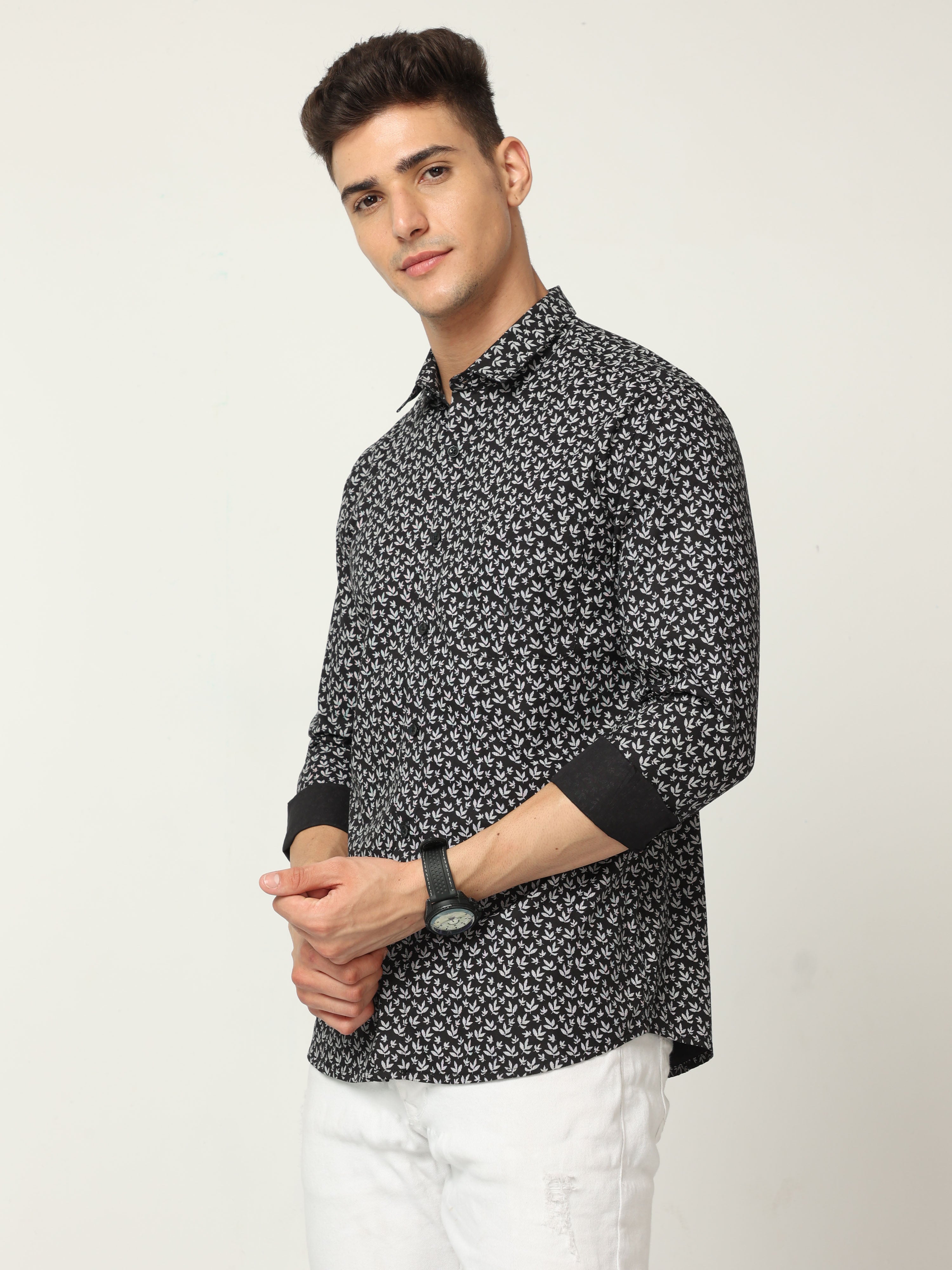 Classic Polo Mens Cotton Full Sleeve Printed Slim Fit Polo Neck Black Color Woven Shirt | SO1-169 B-FS-PRT