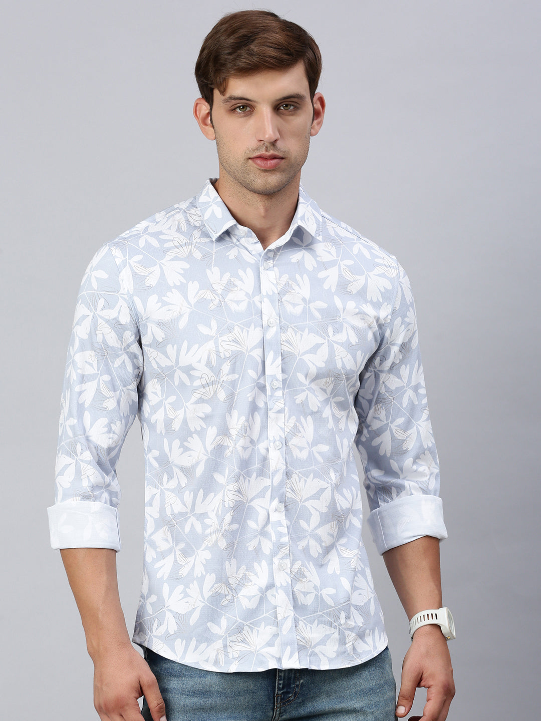 Classic Polo Men's Full Sleeve Lt.Blue/White Polo Neck Slim Fit Printed Shirt | SP2-GN-05 A-FS-PRT-BSL