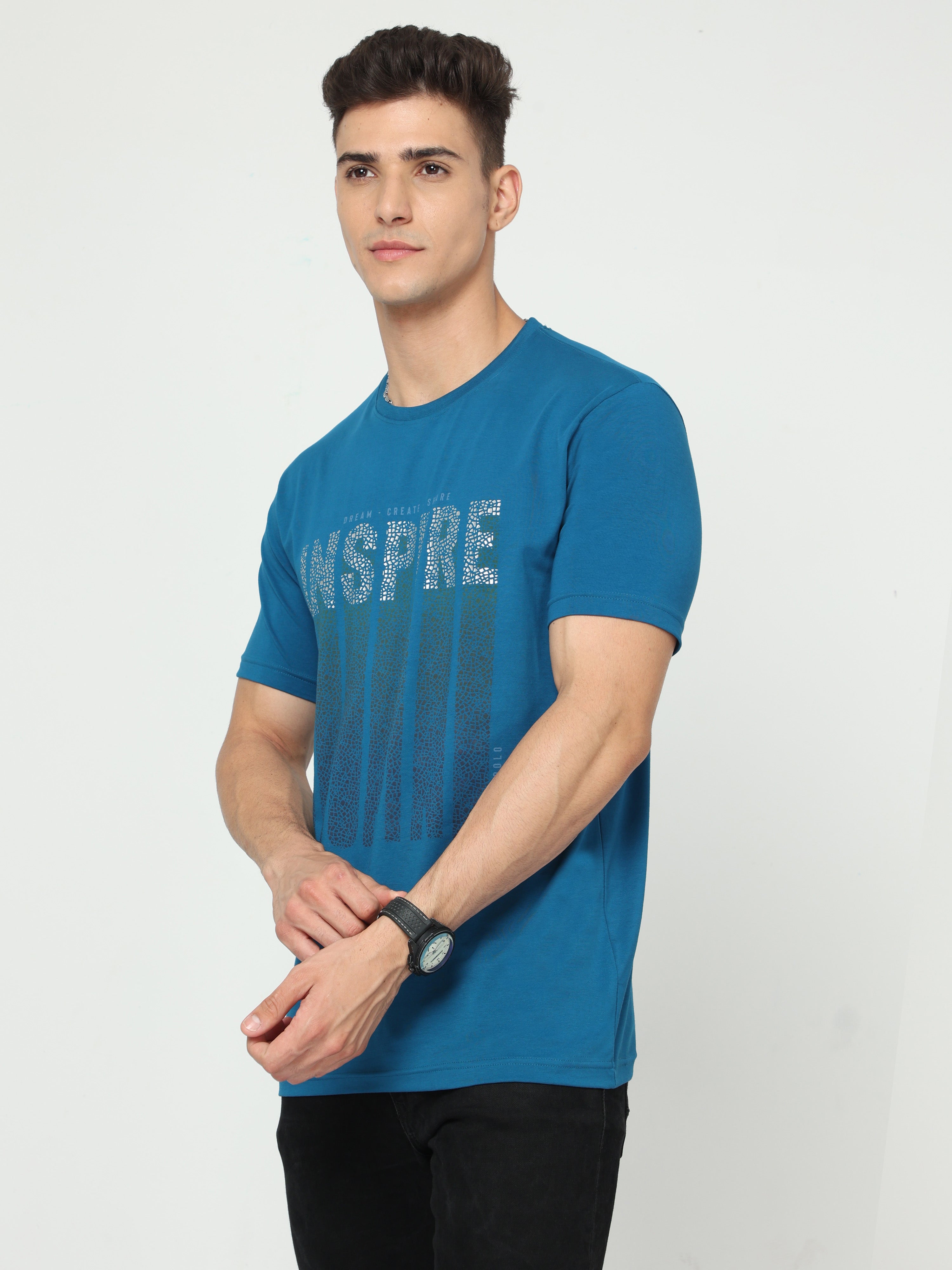 Classic Polo Mens Pure Cotton Half Sleeve Printed Slim Fit Crew Neck Blue Color T Shirt | Baleno - 495 B