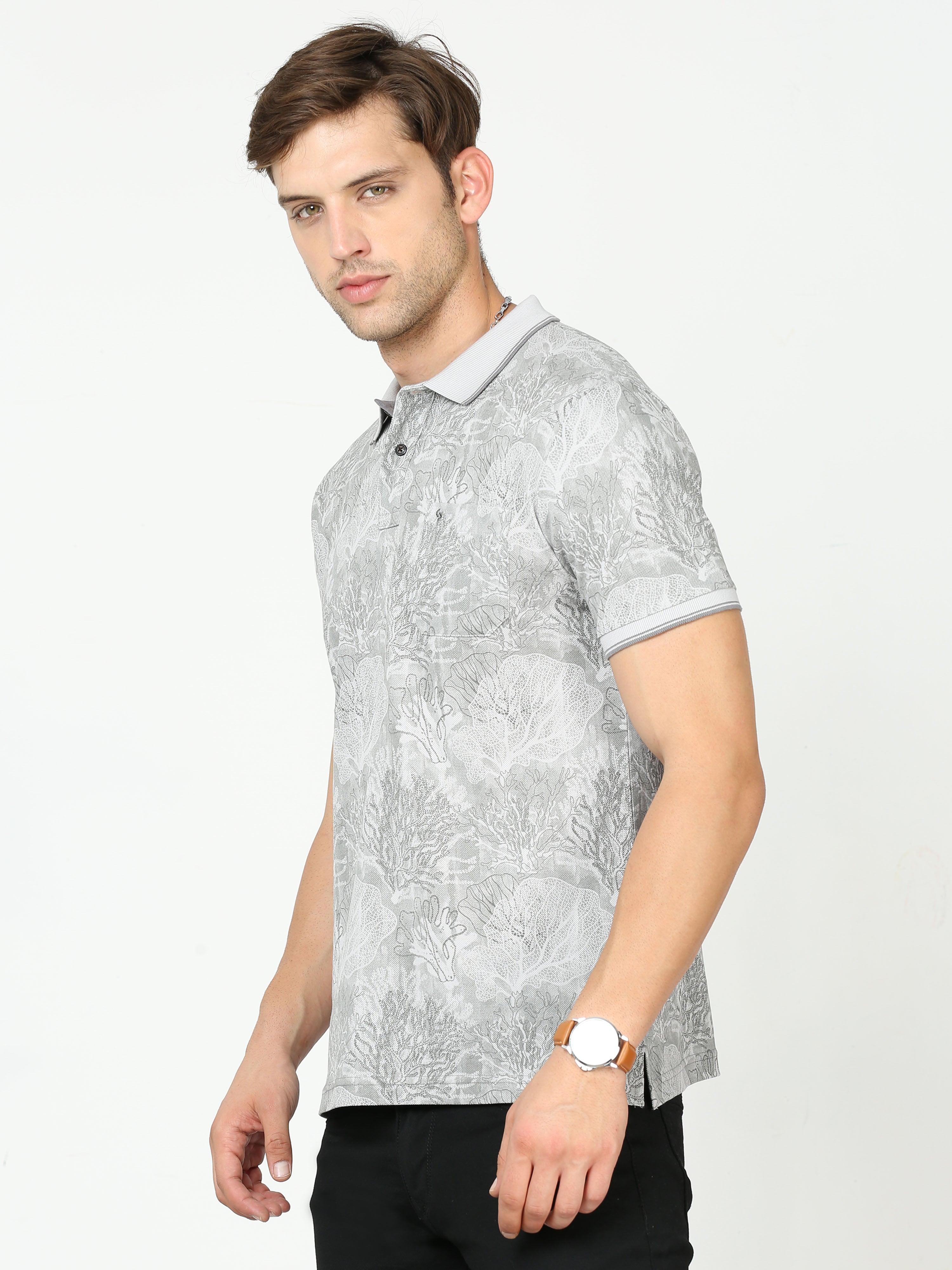 Classic Polo Mens Pure Cotton Half Sleeves Floral Slim Fit Polo Neck Grey Color T-Shirt | Beau - 213 A Sf P