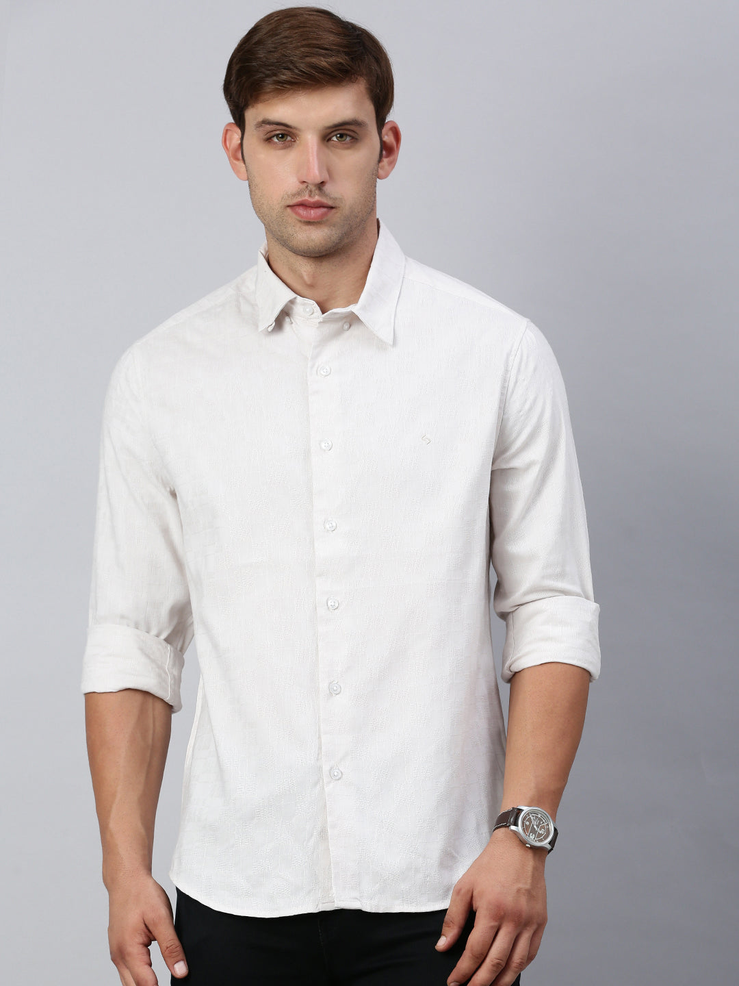 Classic Polo Men's Full Sleeve Off-White Polo Neck Slim Fit Checked Shirt | SP2-CL-35 B-FS-CHK-SF