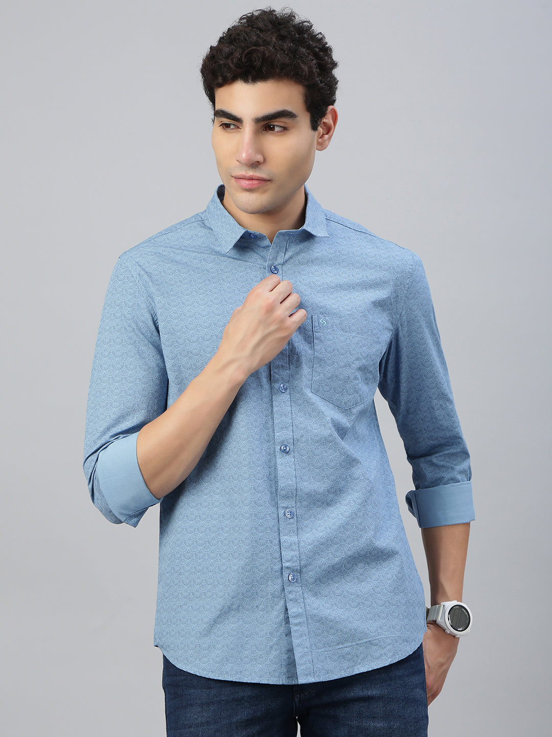 Classic Polo Men's Full Sleeve Blue Polo Neck Slim Fit All Over Print Shirt||SP2-CL-79 B-FS-PRT-SF