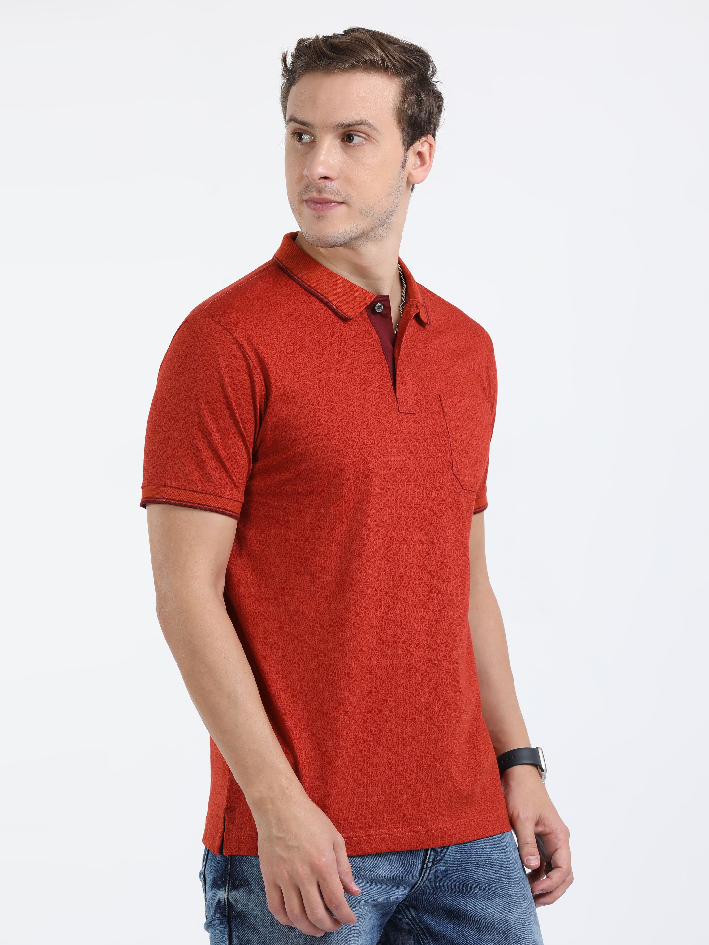 Classic Polo Mens Cotton Half Sleeves Floral Slim Fit Polo Neck Red Color T-Shirt | Bello - 225 A Sf P