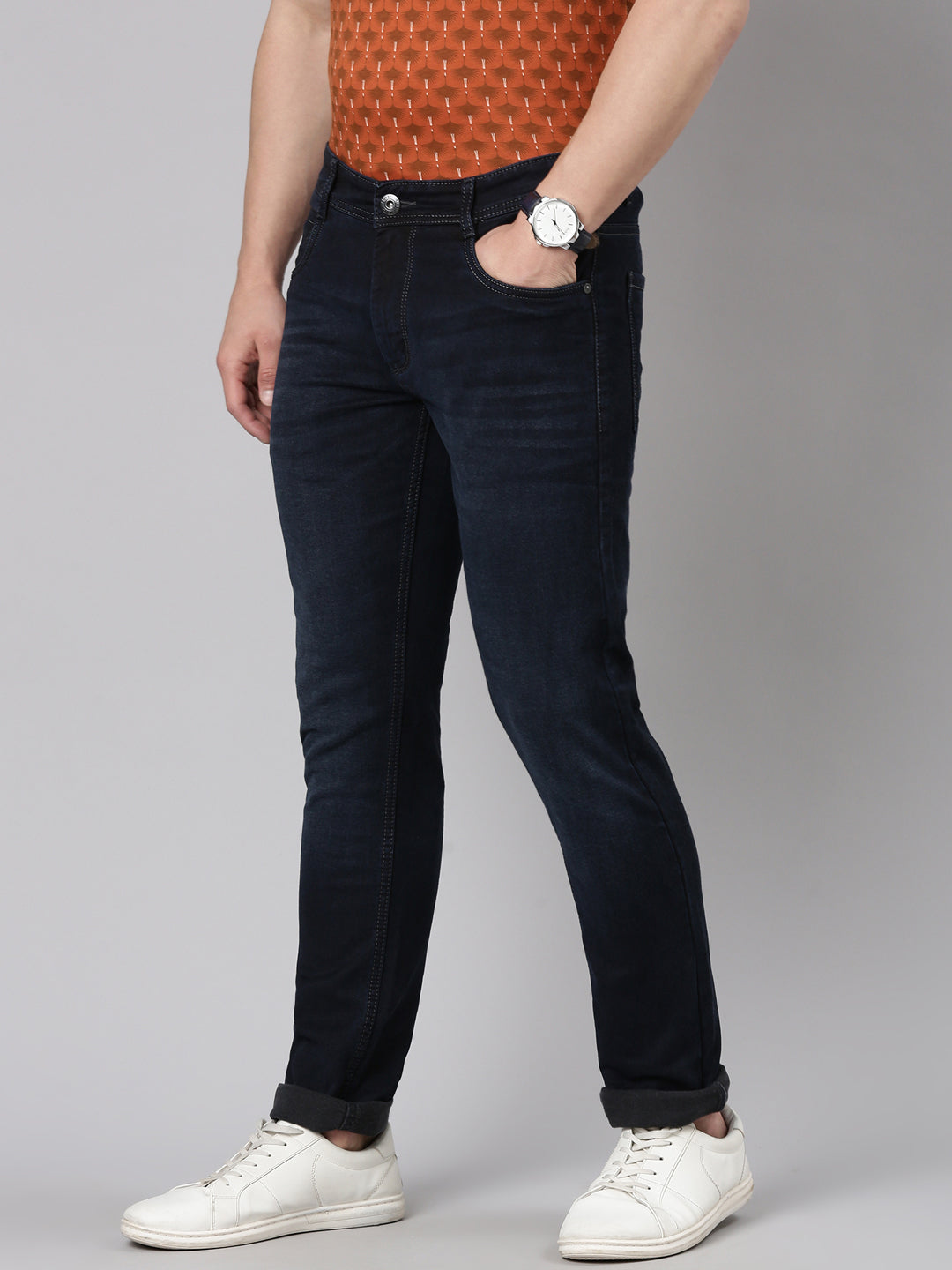 Classic Polo Men's Dark Navy Blue Solid Cotton Ankle Fit Jeans | LDMQ2-08-D.NVY-AF