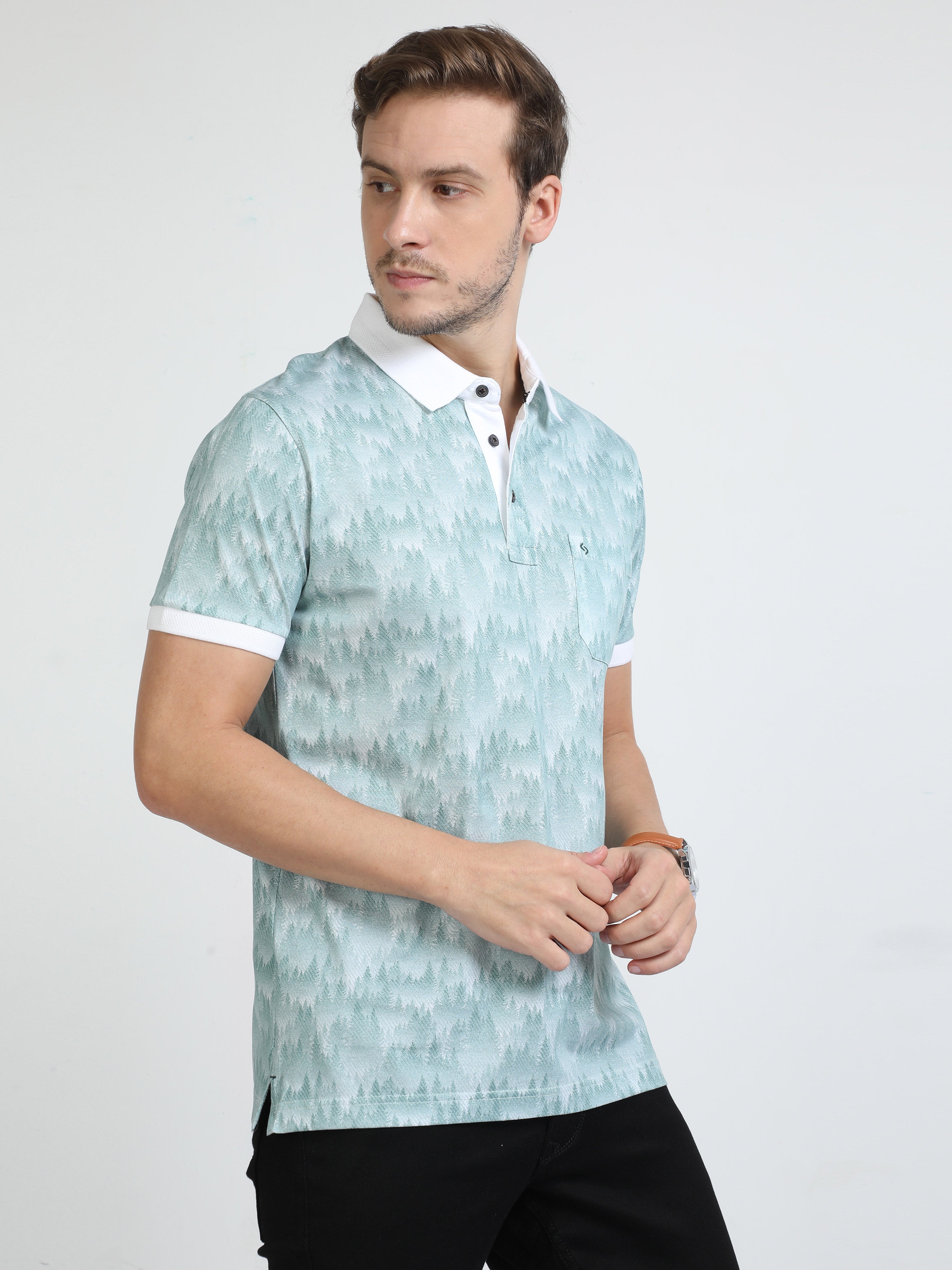 Classic Polo Mens Cotton Half Sleeves Floral Slim Fit Polo Neck Aqua Blue Color T-Shirt | Scant - 31 B Sf P