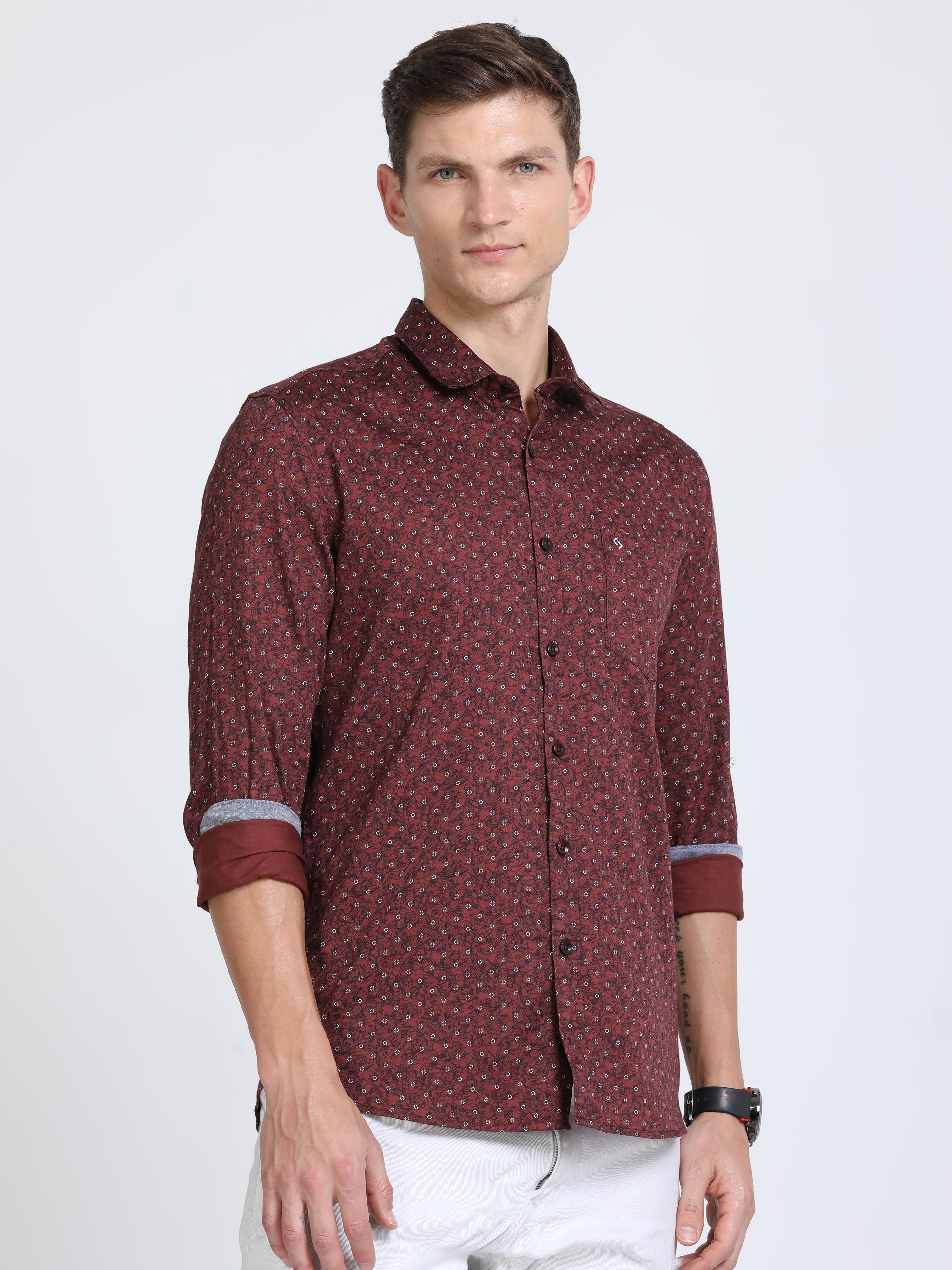 Classic Polo Mens Pure Cotton Polo Neck Printed Full Sleeves Maroon Color Woven Shirt | So2-169 A-Fs-Prt-Sf