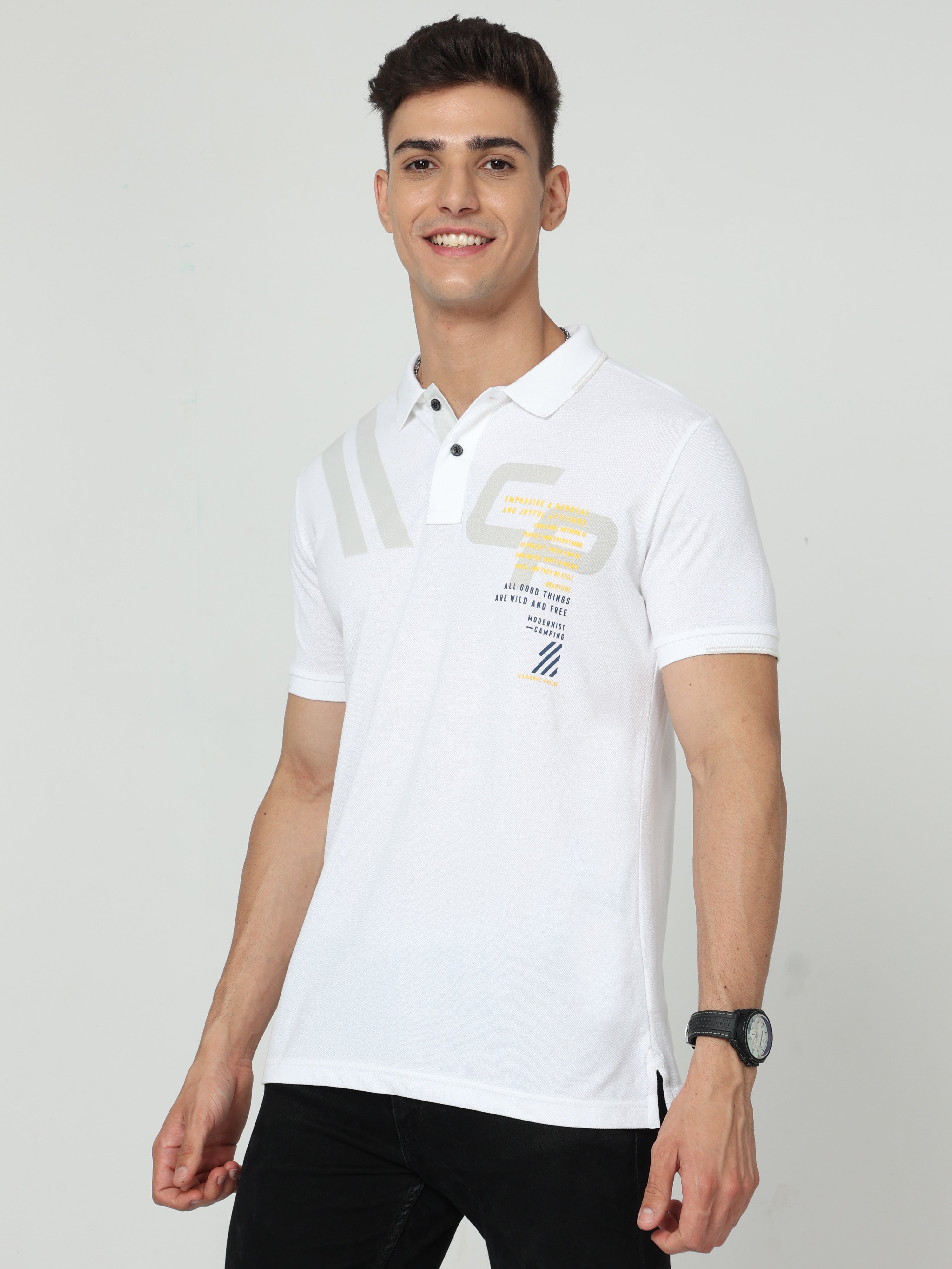 Classic Polo Mens Pure Cotton Half Sleeve Printed Slim Fit Polo Neck White Color T Shirt | Vivid Polo - 02 A
