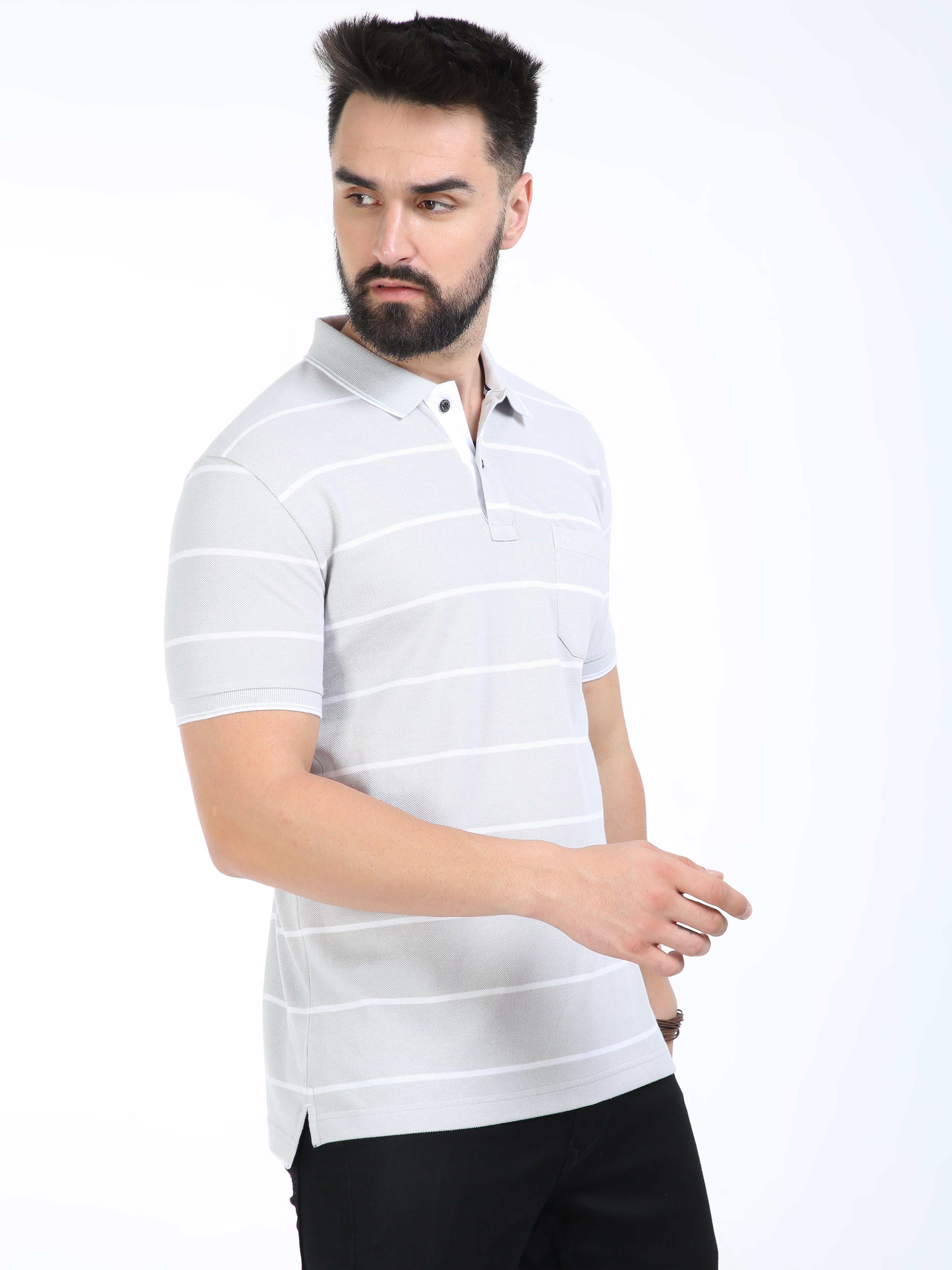 Classic Polo Mens Cotton Half Sleeves Striped Slim Fit Polo Neck Aqua Color T-Shirt | Adore - 210 A Sf P