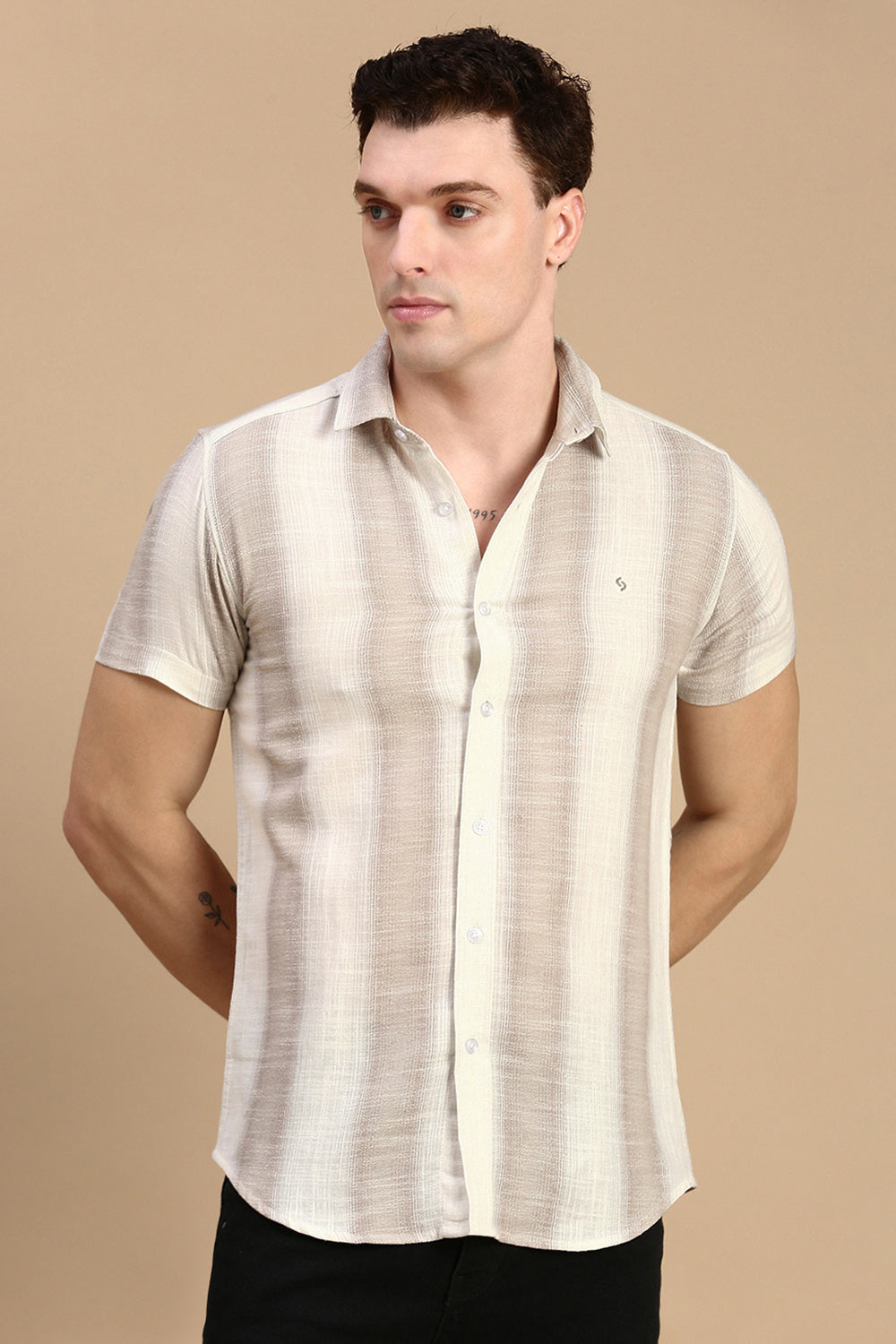 Classic Polo Men's Half Sleeve Beige/Brown Polo Neck Slim Fit Striped Shirt | SP2-GN-01 A-HS-STR-BSL