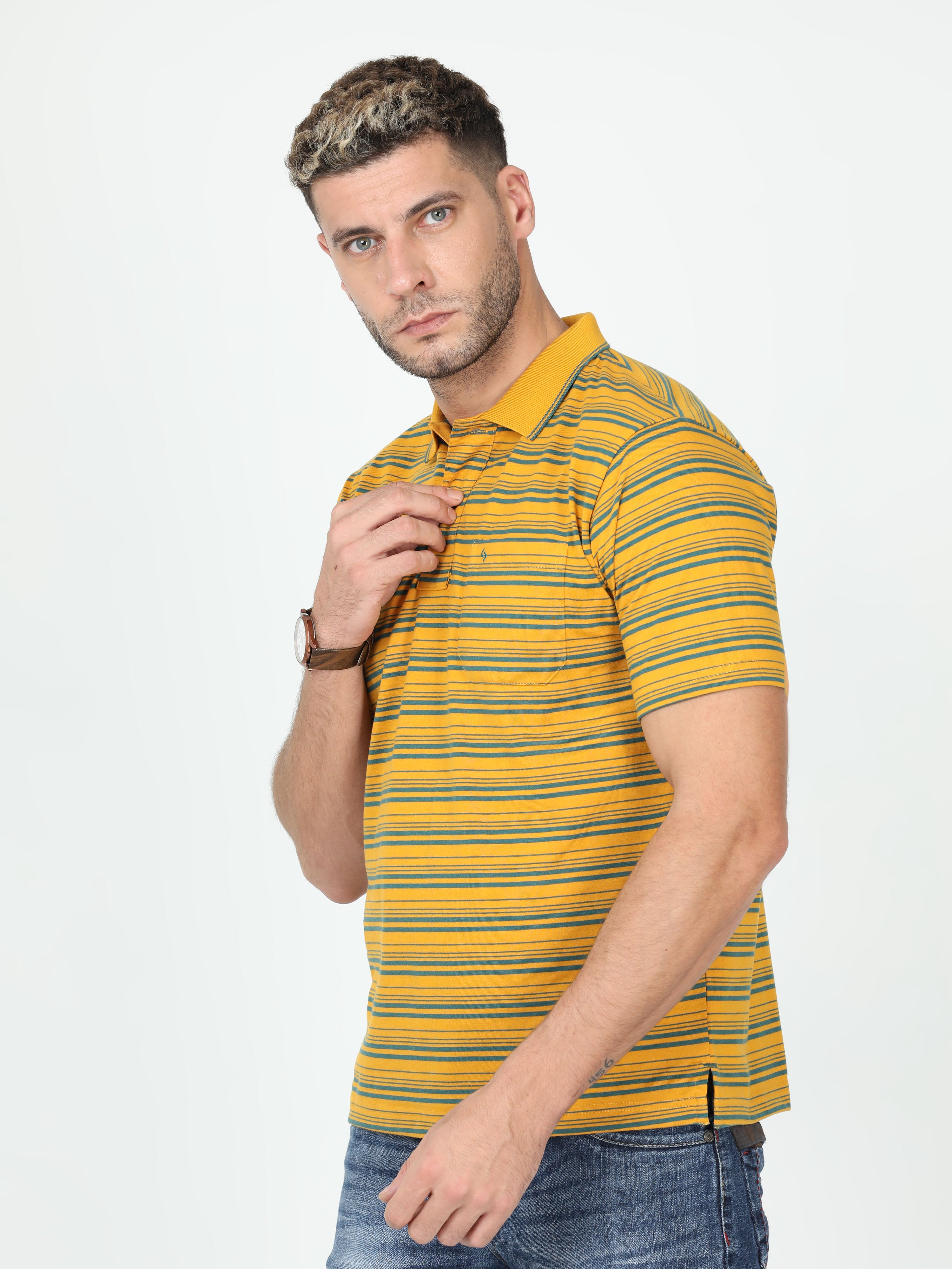 Classic Polo Mens Cotton Half Sleeve Striped Authentic Fit Polo Neck Yellow Color T Shirt | F-Feeders - 109 A