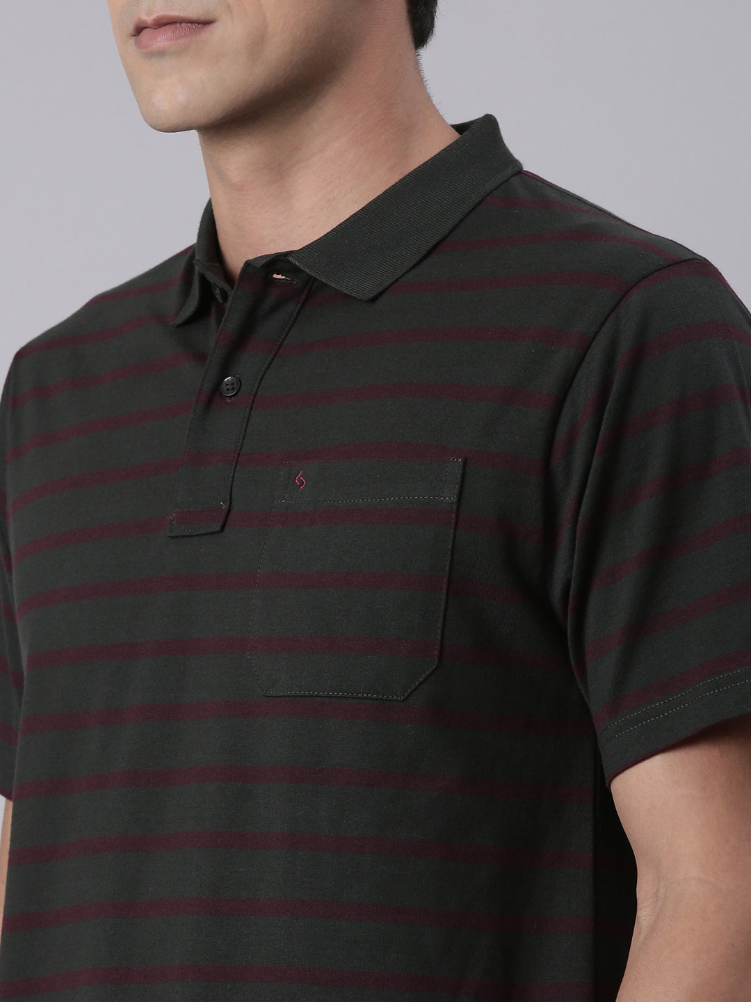 Classic Polo Men's Half Sleeve Dark Olive/Maroon Polo Neck Authentic Fit Striped Cotton Blend T-Shirt | AVON - 627 B AF P