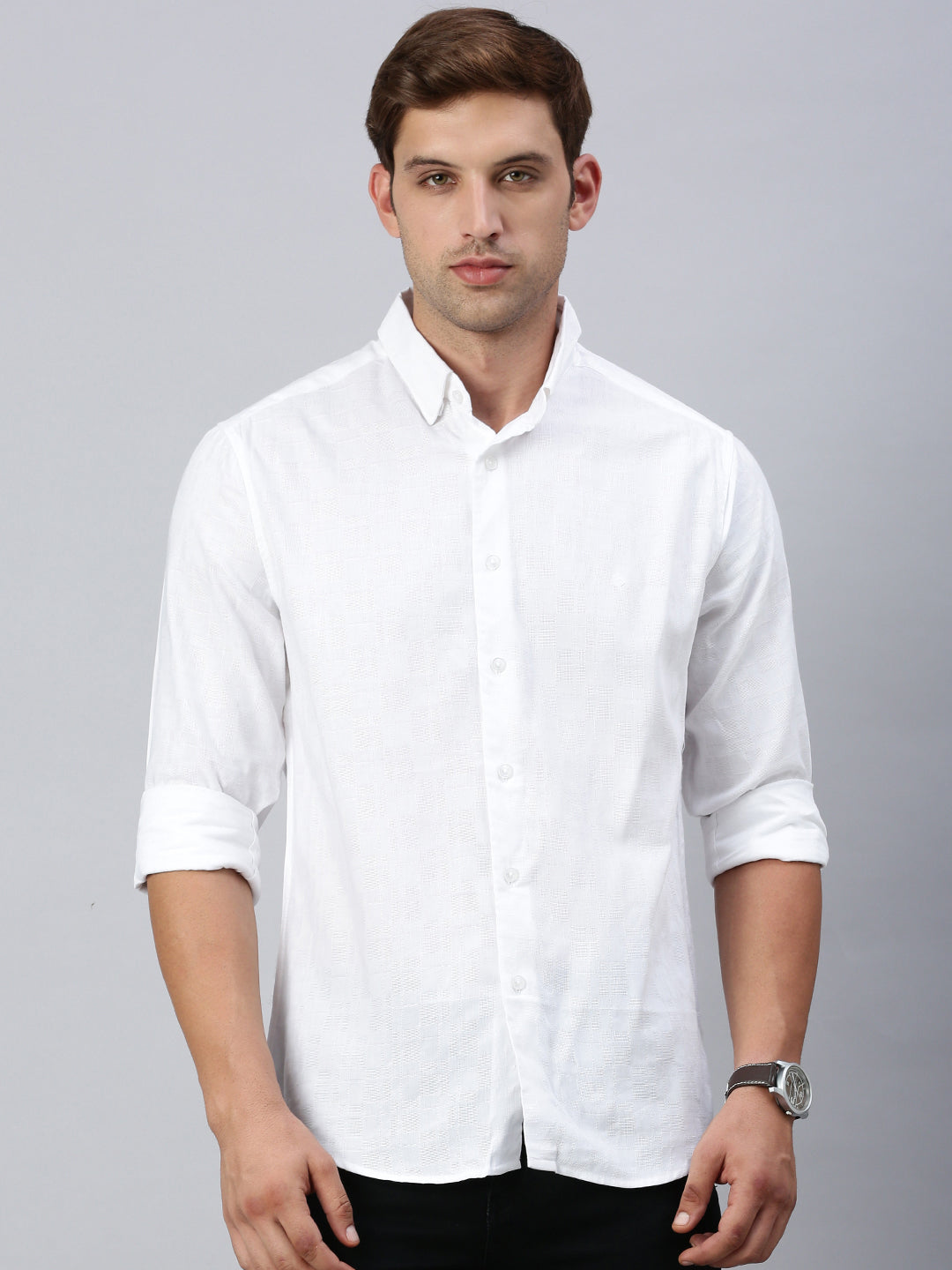 Classic Polo Men's Full Sleeve White Polo Neck Slim Fit Checked Shirt
