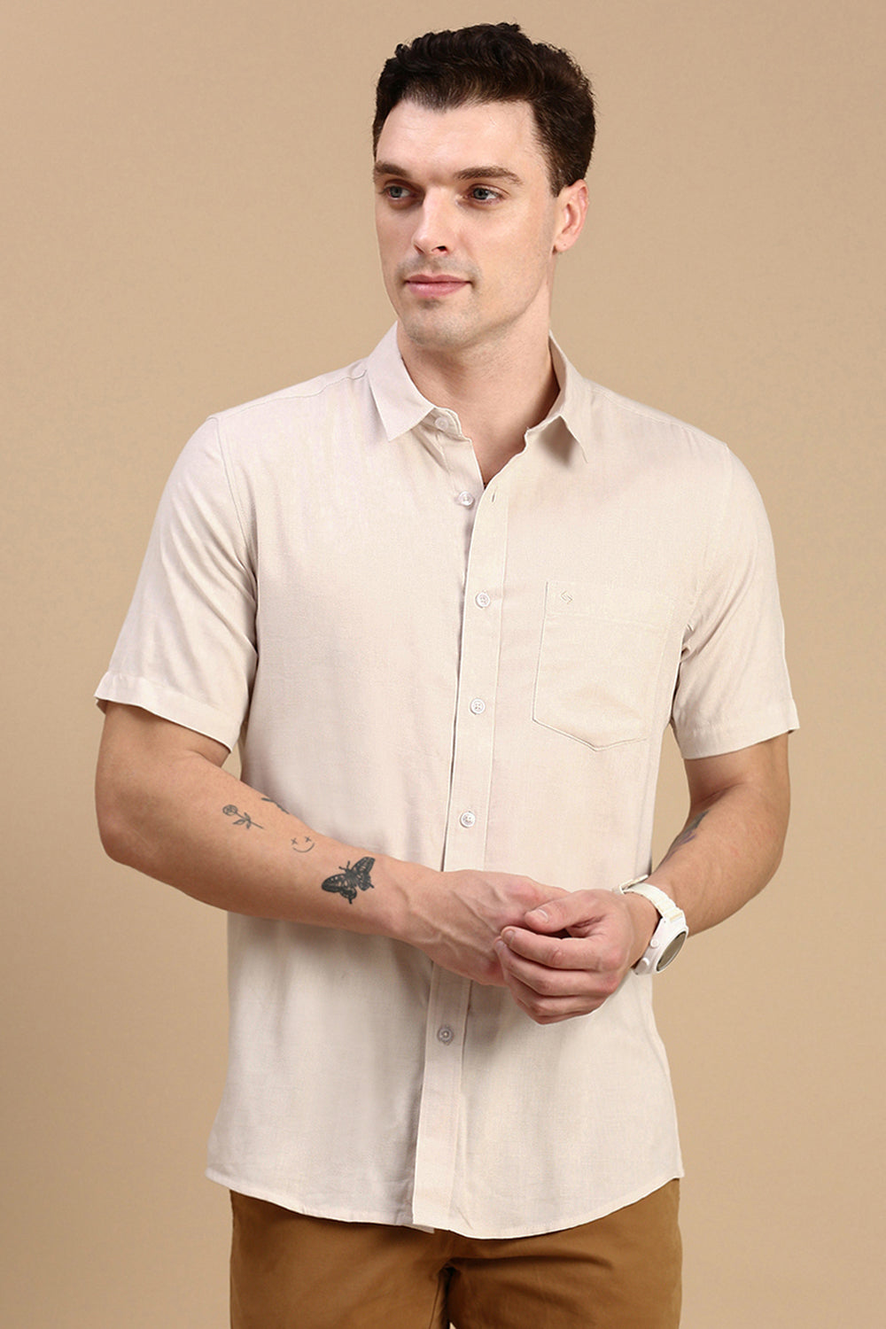 Classic Polo Men's Half Sleeve Beige Polo Neck Slim Fit Checked Shirt | SP2-CL-35 B-HS-CHK-SF