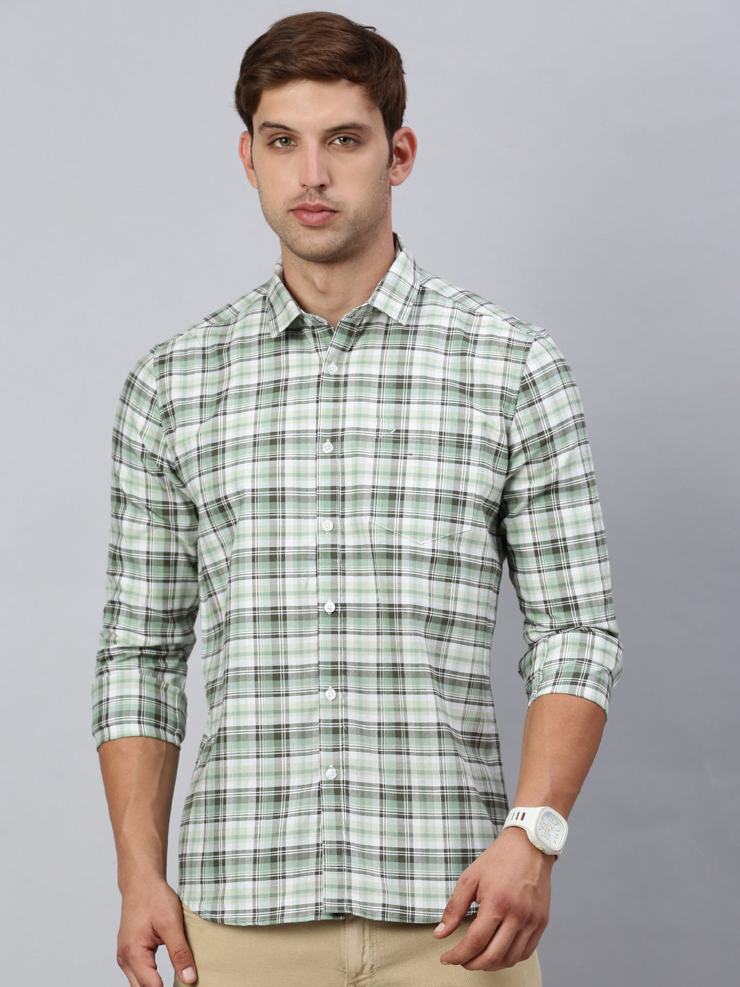 Classic Polo Men's Full Sleeve Green/White Slim Fit Checked Casual Shirt | SP2-CL-30 B-FS-CHK-SF