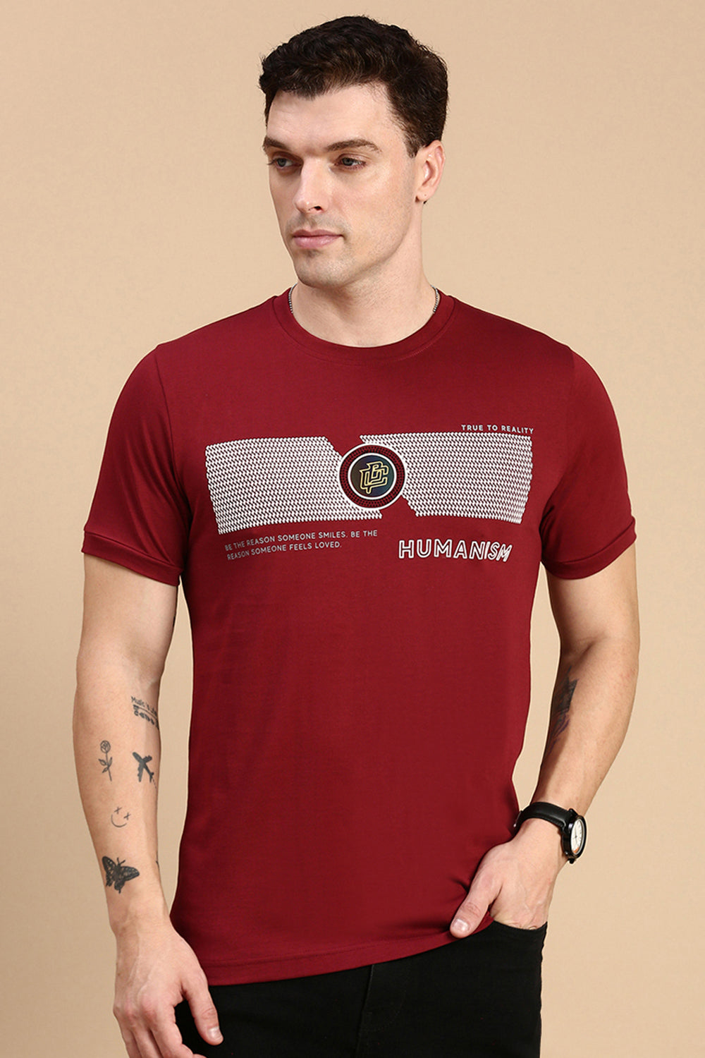 Classic Polo Men's Half Sleeve Maroon Crew Neck Slim Fit Printed T-Shirt | BALENO - 608 A SF C