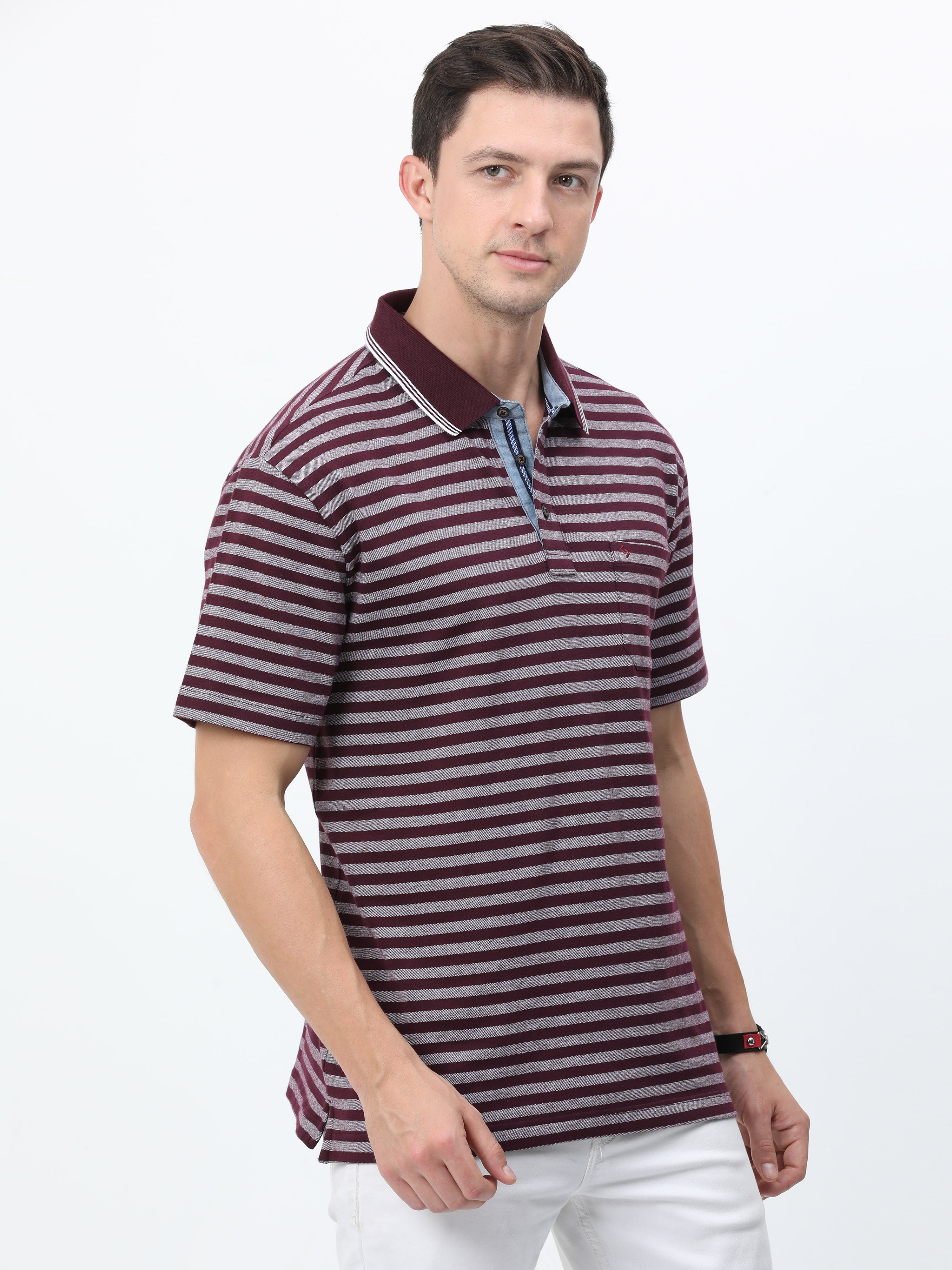 Classic Polo Mens Cotton Half Sleeves Striped Authentic Fit Polo Neck Maroon Color T-Shirt | Rare - 09 B Af P