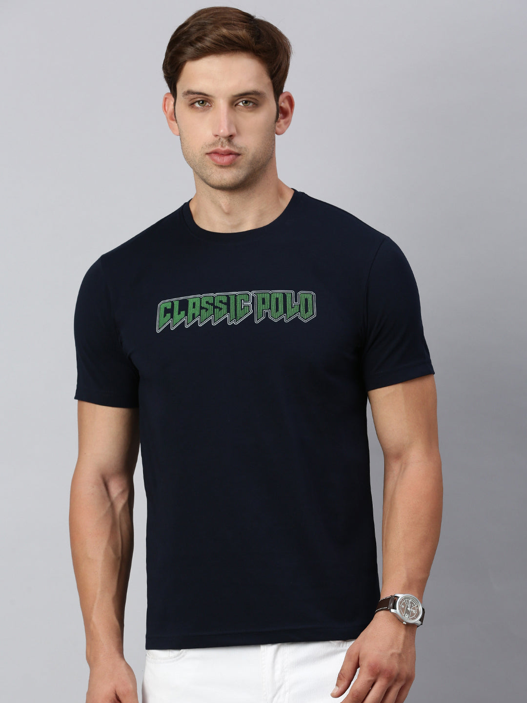 Classic Polo Men's Half Sleeve Black Crew Neck Slim Fit Printed T-Shir