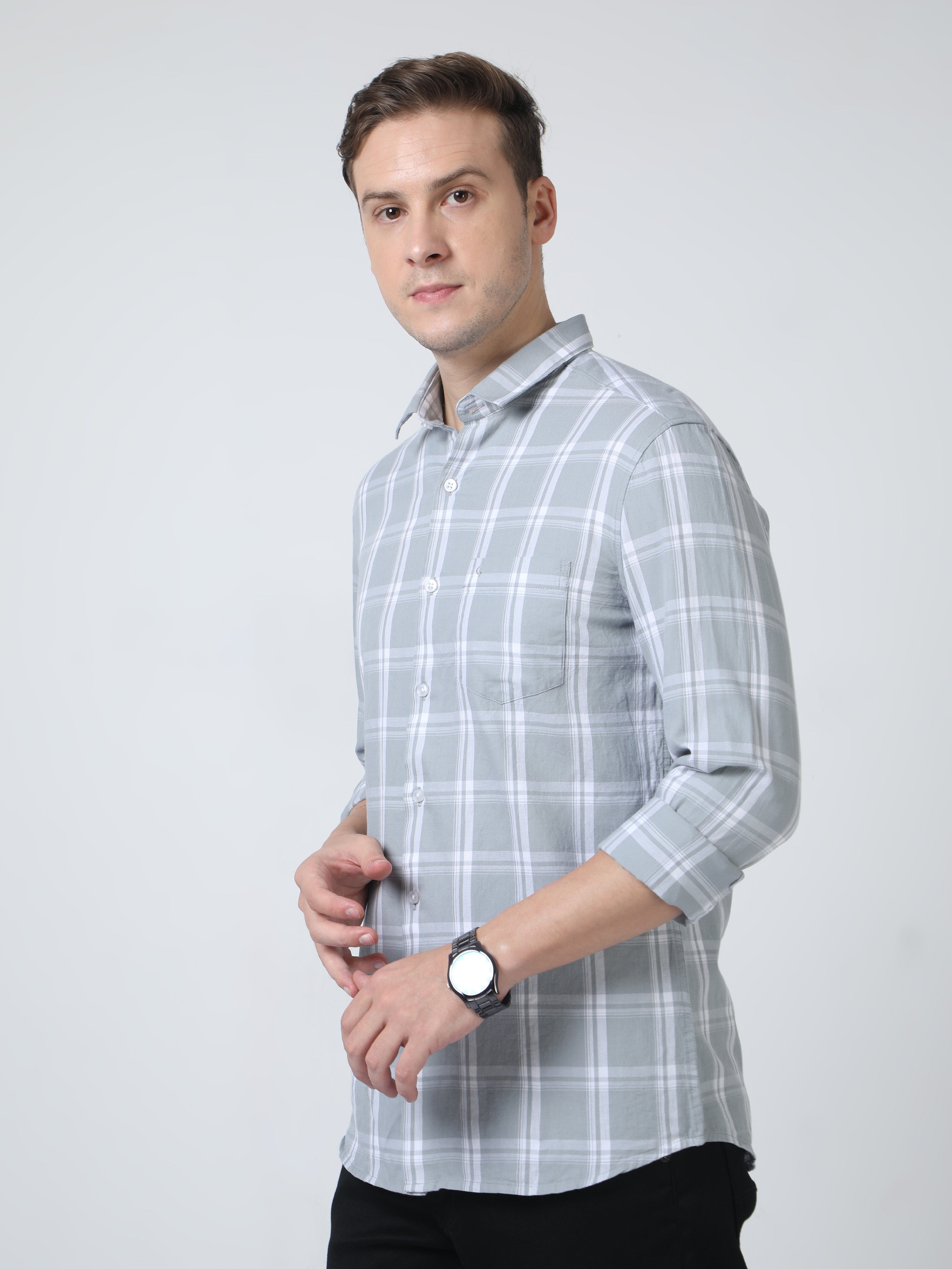 Classic Polo Mens Pure Cotton Full Sleeves Checked Slim Fit Polo Neck Grey Color Woven Shirt | So2-104 B-Fs-Chk-Sf