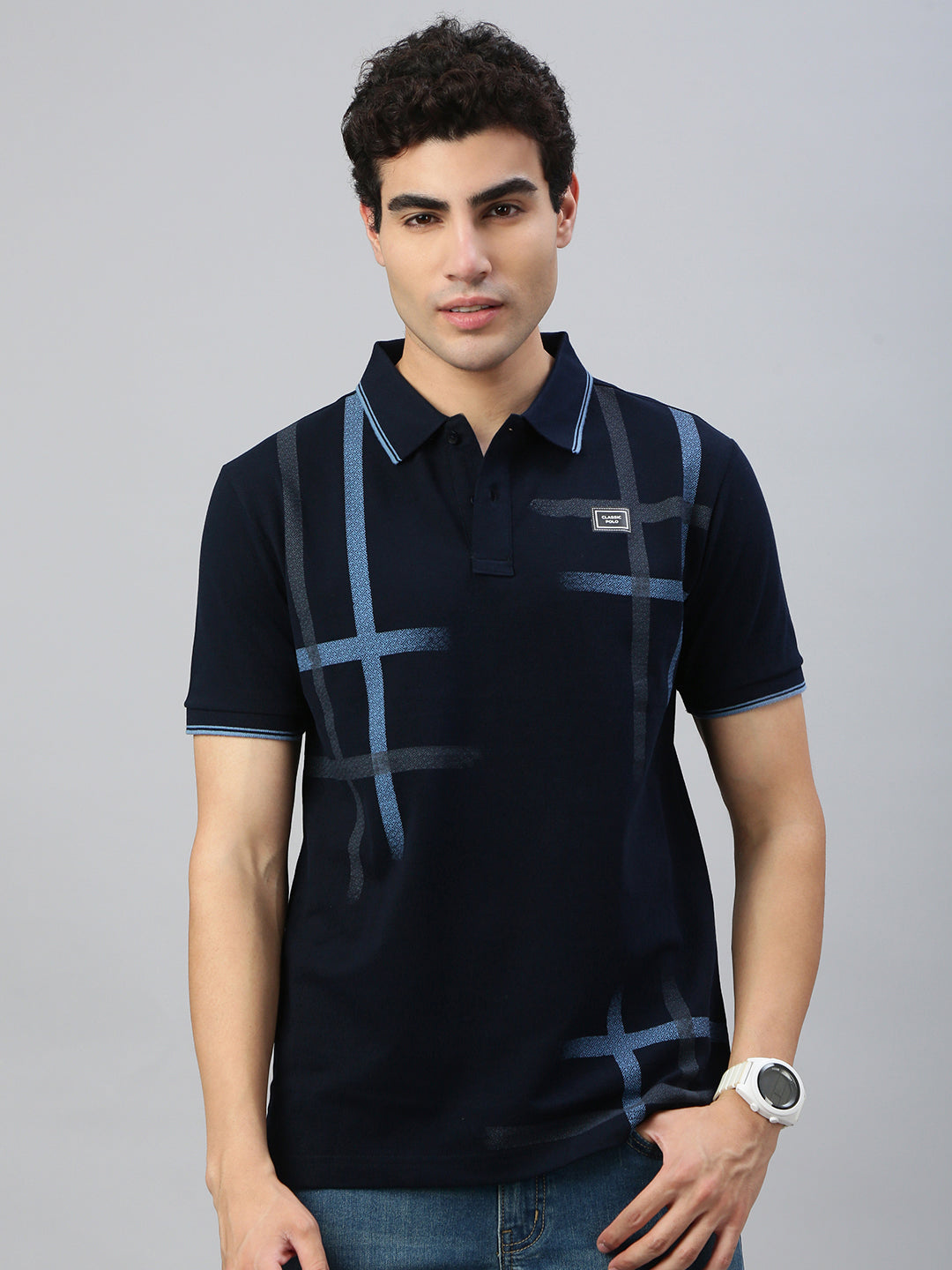 Classic Polo Men's Half Sleeve Black/Blue Polo Neck Slim Fit Printed T-Shirt||RAY POLO - 05 A SF P