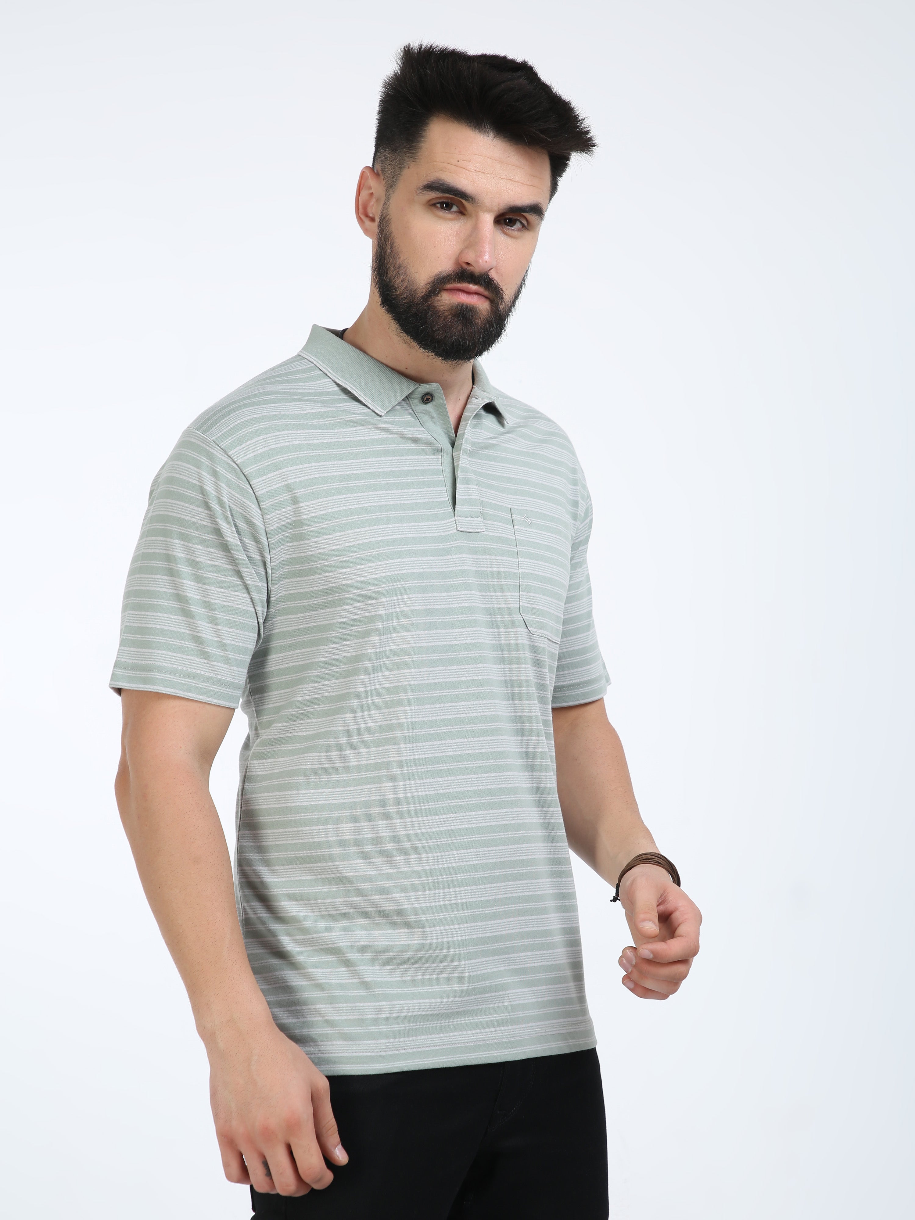 Classic Polo Mens Cotton Half Sleeves Striped Authentic Fit Polo Neck Green Color T-Shirt | Feeders-234 A Af P