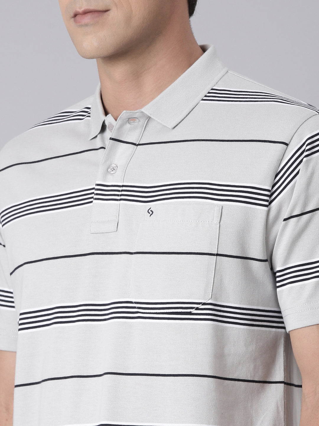 Classic Polo Men's Half Sleeve Grey/Black Polo Neck Authentic Fit Striped Cotton Blend T-Shirt | AVON - 629 A AF P