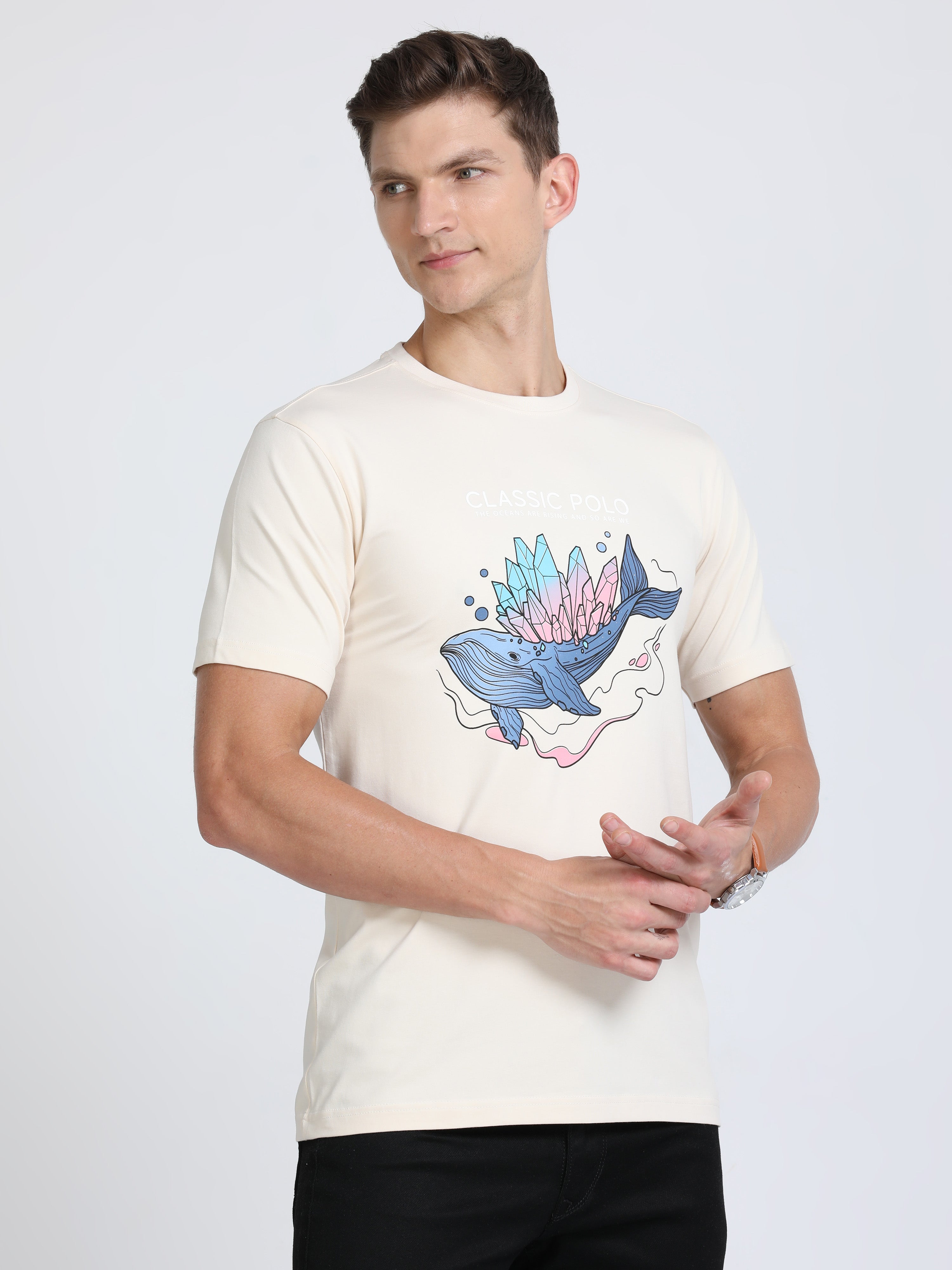 Classic Polo Mens Cotton Half Sleeves Printed Slim Fit Crew Neck Yellow Color T-Shirt | Baleno - 551 B Sf C