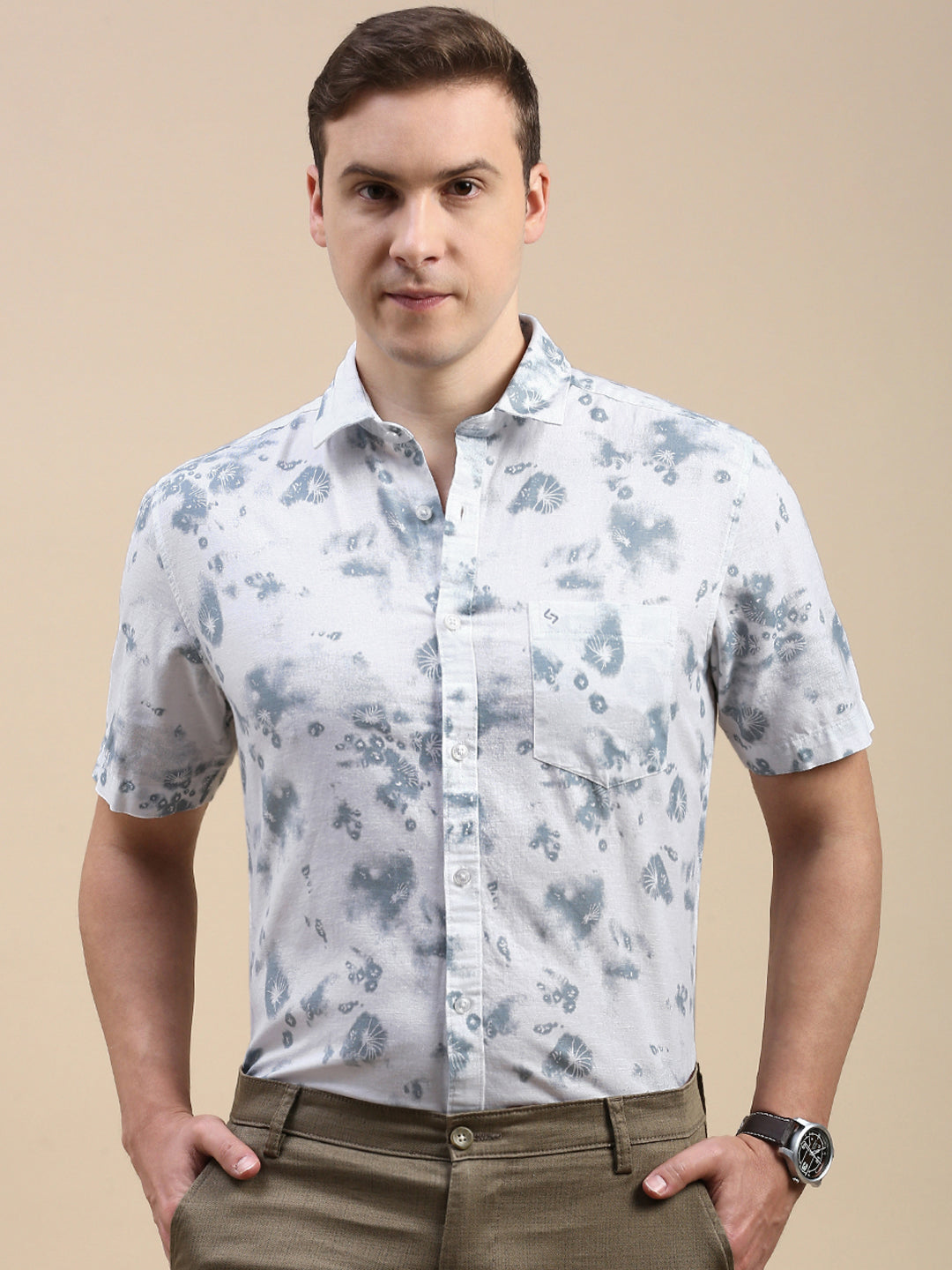Classic Polo Men's Polo Neck Cotton Linen White/Blue Slim Fit Printed Shirt | LINEN-29A-HS-PRT-SF