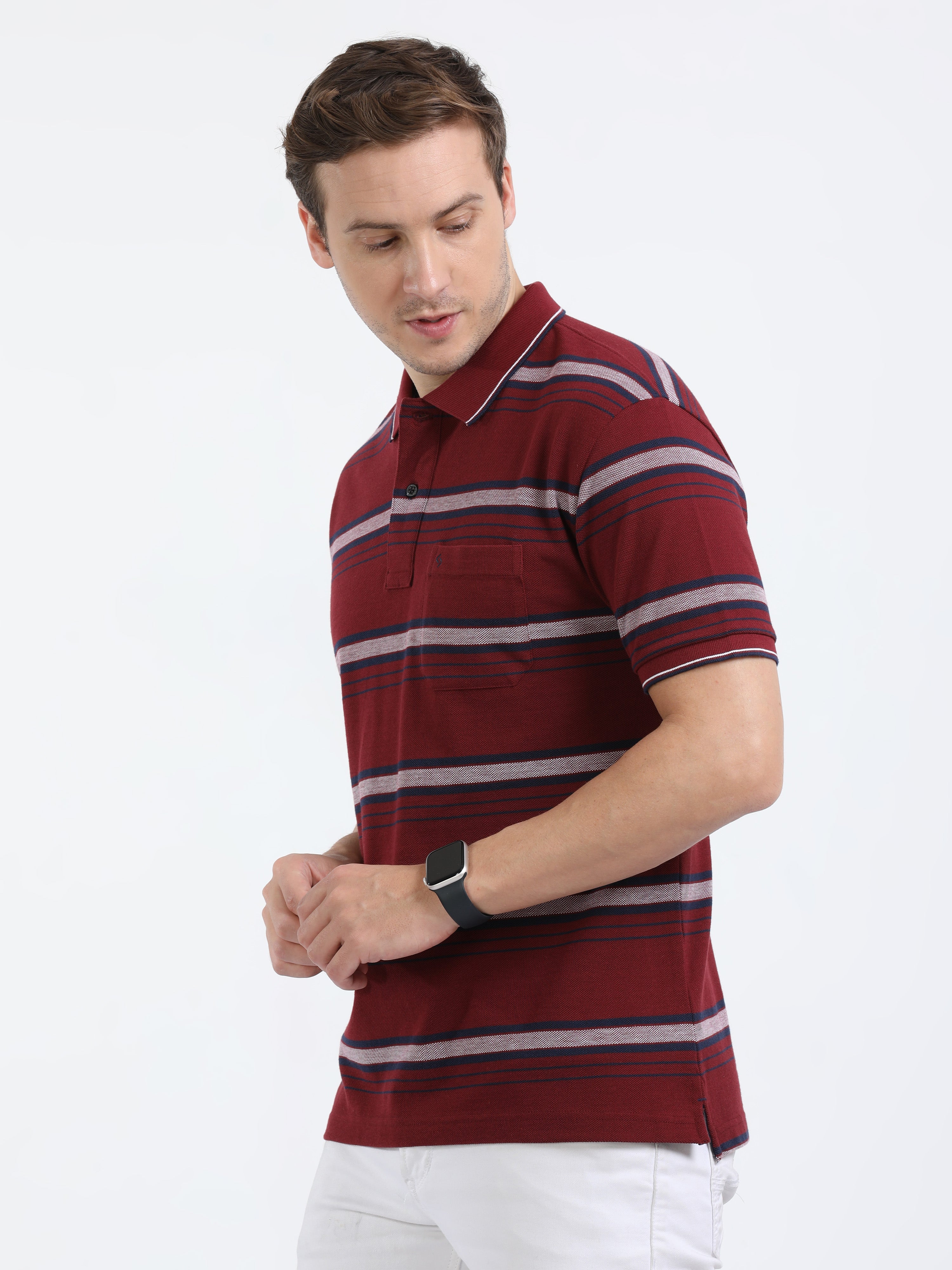 Classic Polo Mens Cotton Half Sleeves Striped Slim Fit Polo Neck Brown Color T-Shirt | Adore - 209 A Sf P