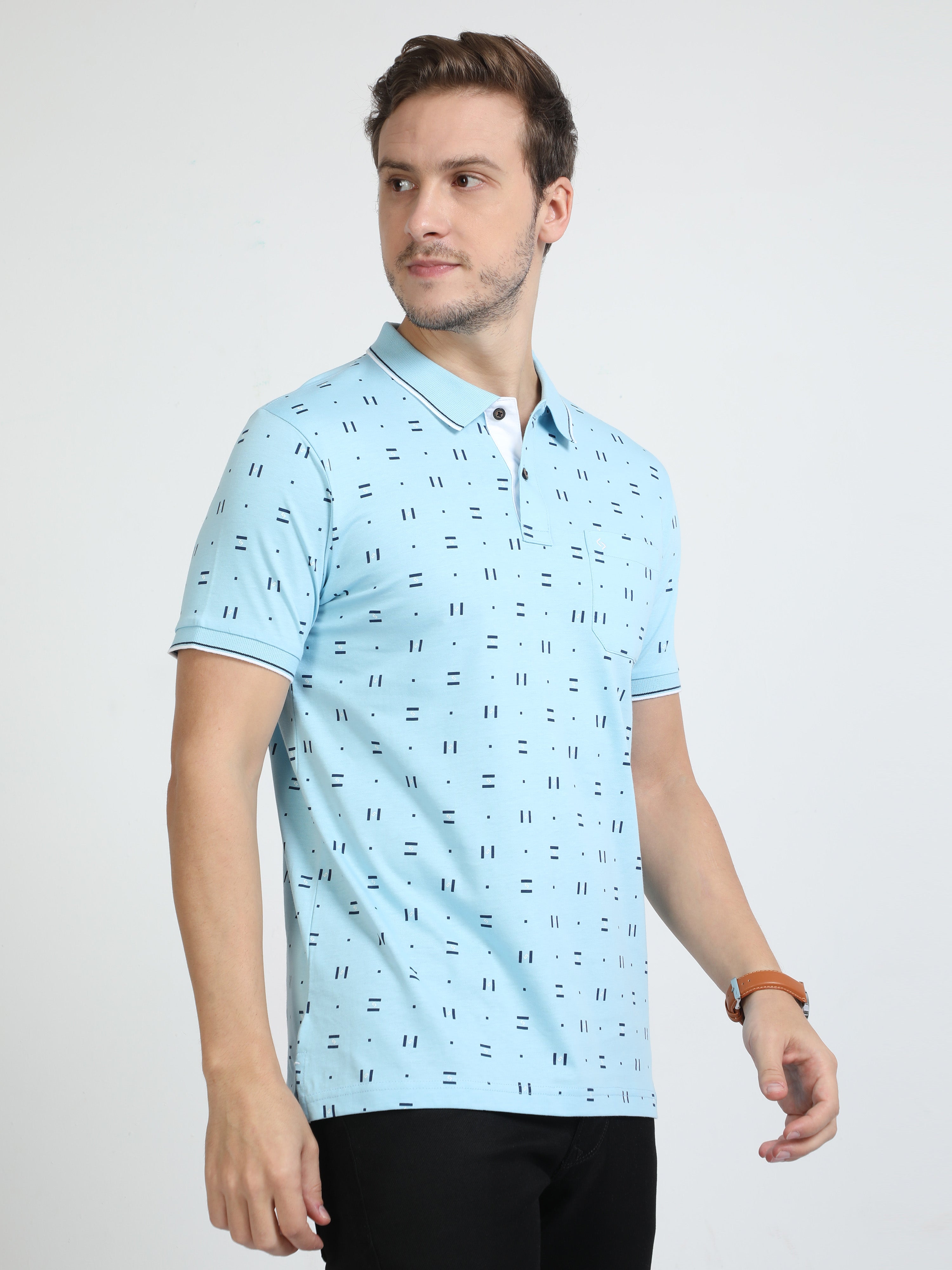 Classic Polo Mens Cotton Half Sleeves Printed Slim Fit Polo Neck Blue Color T-Shirt | Bello - 218 B Sf P