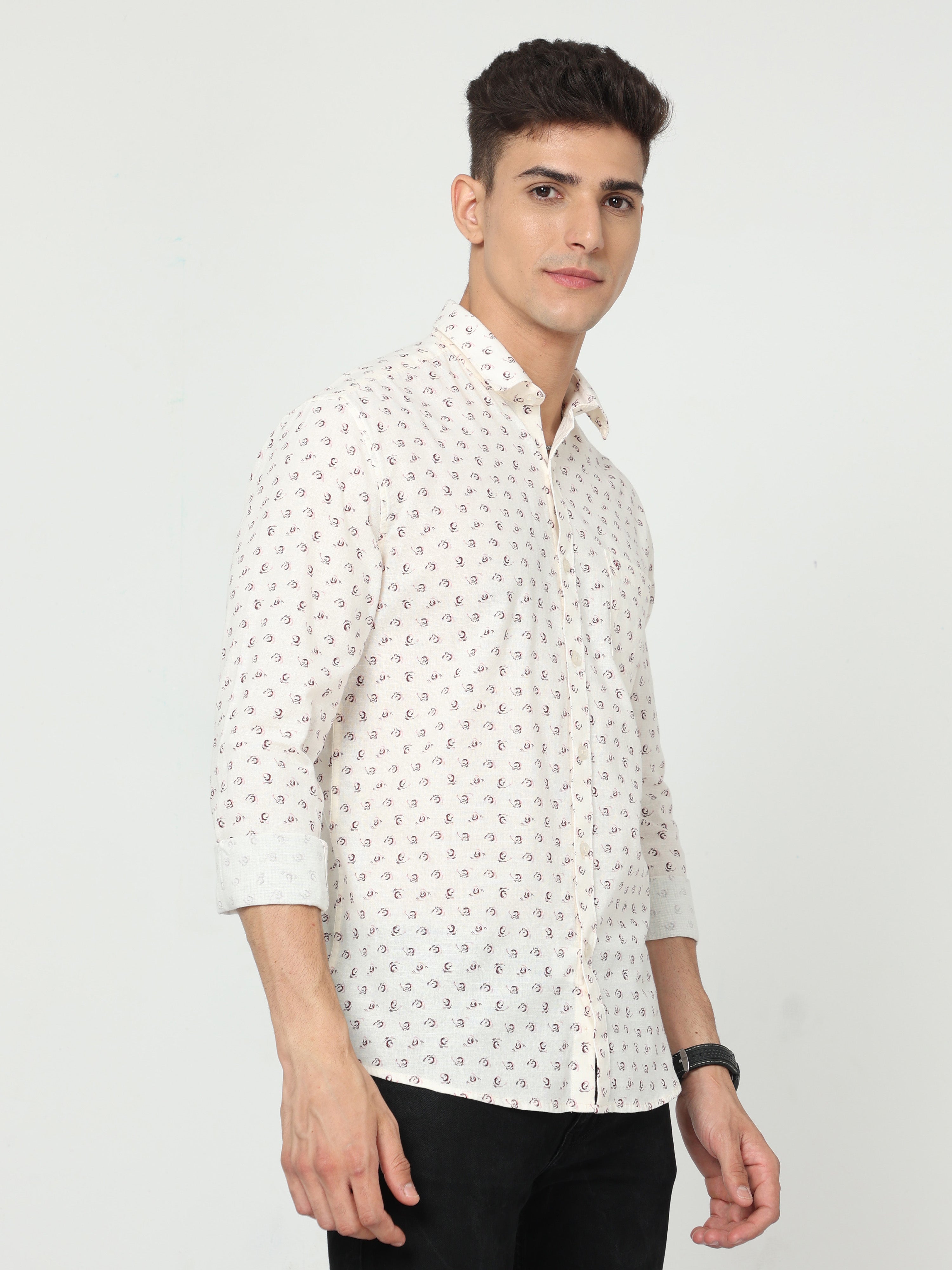 Classic Polo Mens Cotton Full Sleeve Printed Slim Fit Polo Neck Cream Color Woven Shirt | SO1-14 B-FS-PRT