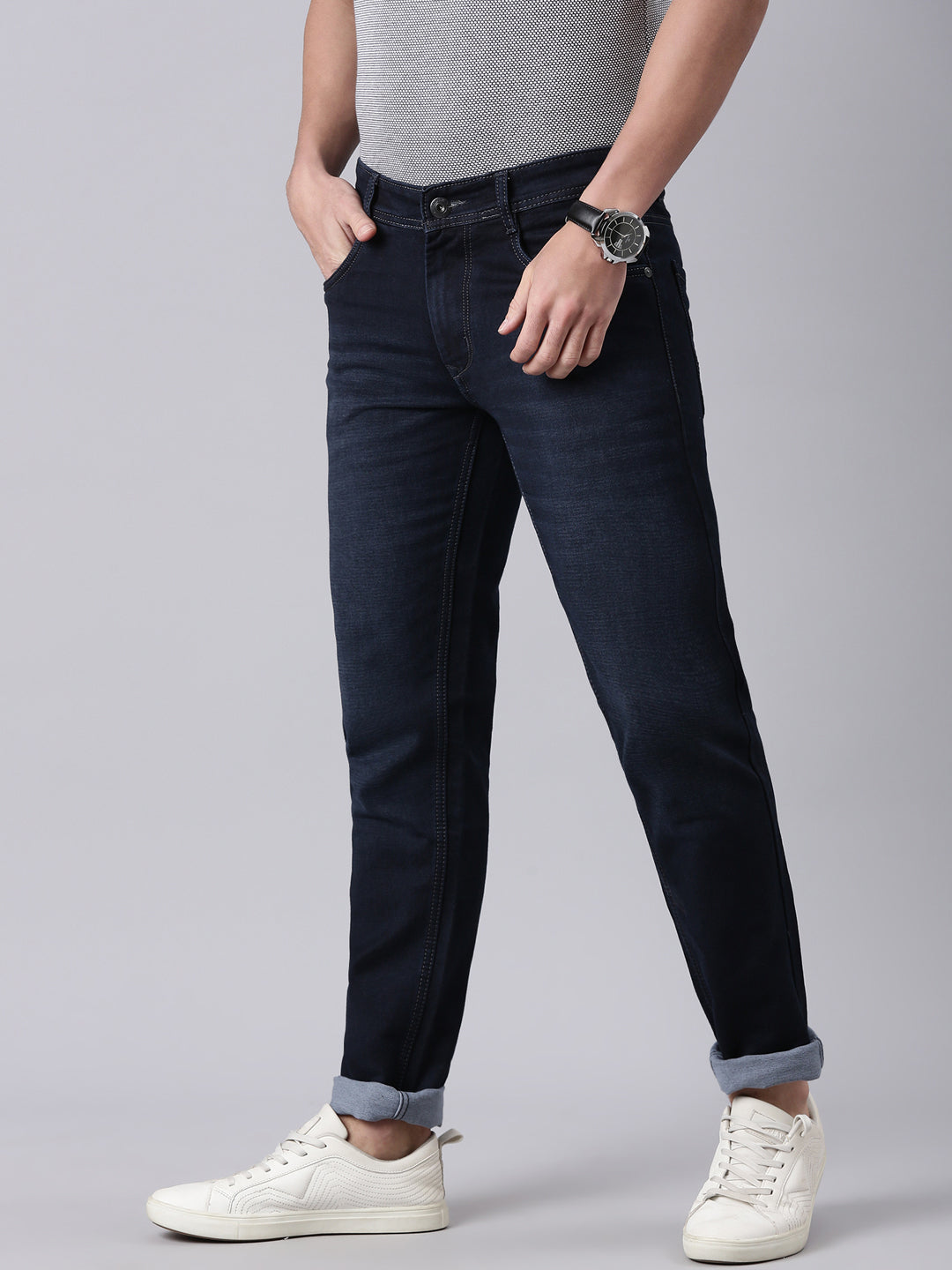 Classic Polo Men's Dark Navy Blue Solid Cotton Slim Fit Jeans | CPDQ2-42-L.NVY-SF