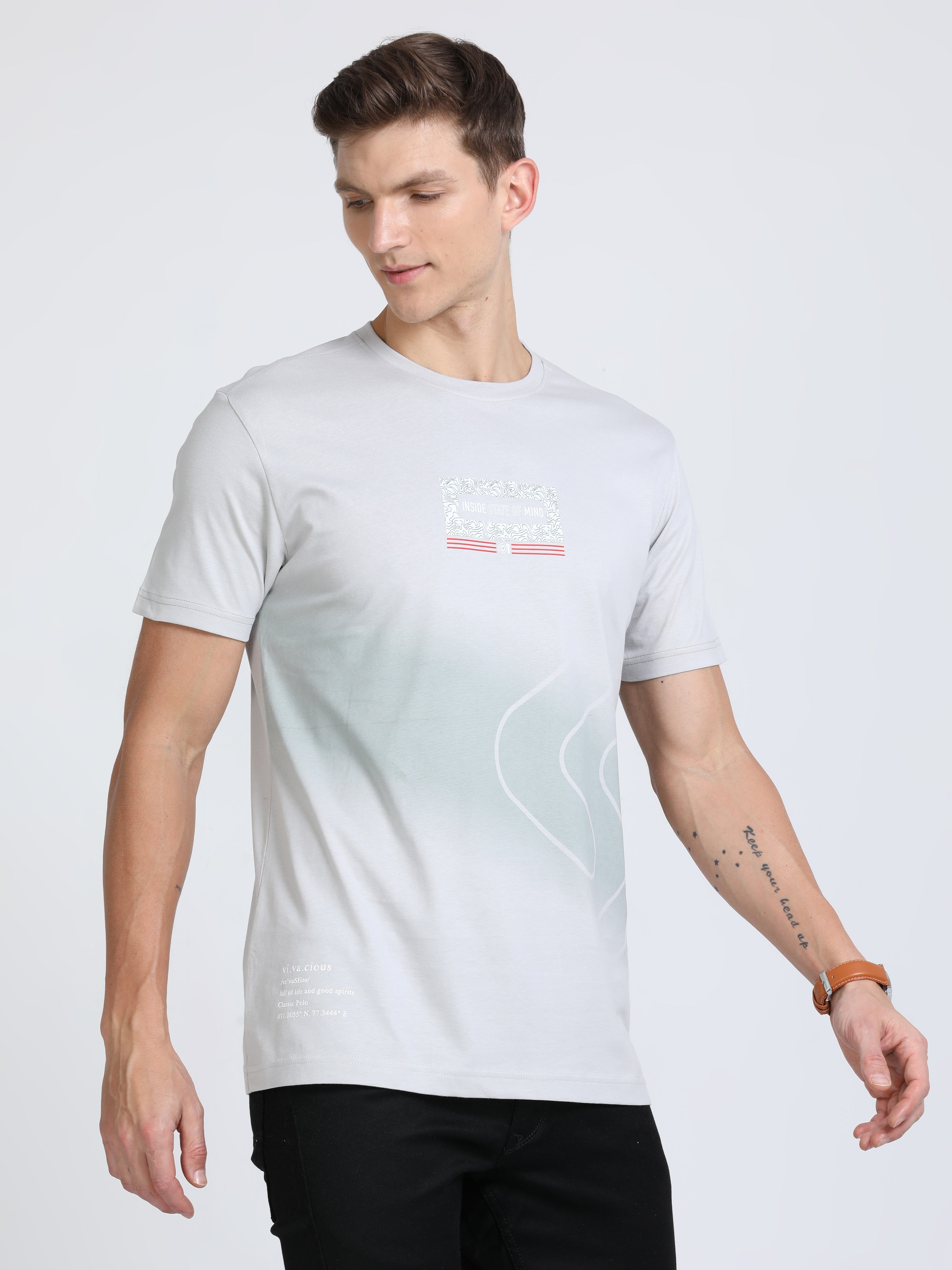 Classic Polo Mens Cotton Half Sleeves Printed Slim Fit Crew Neck Light White Color T-Shirt | Baleno - 563 A Sf C