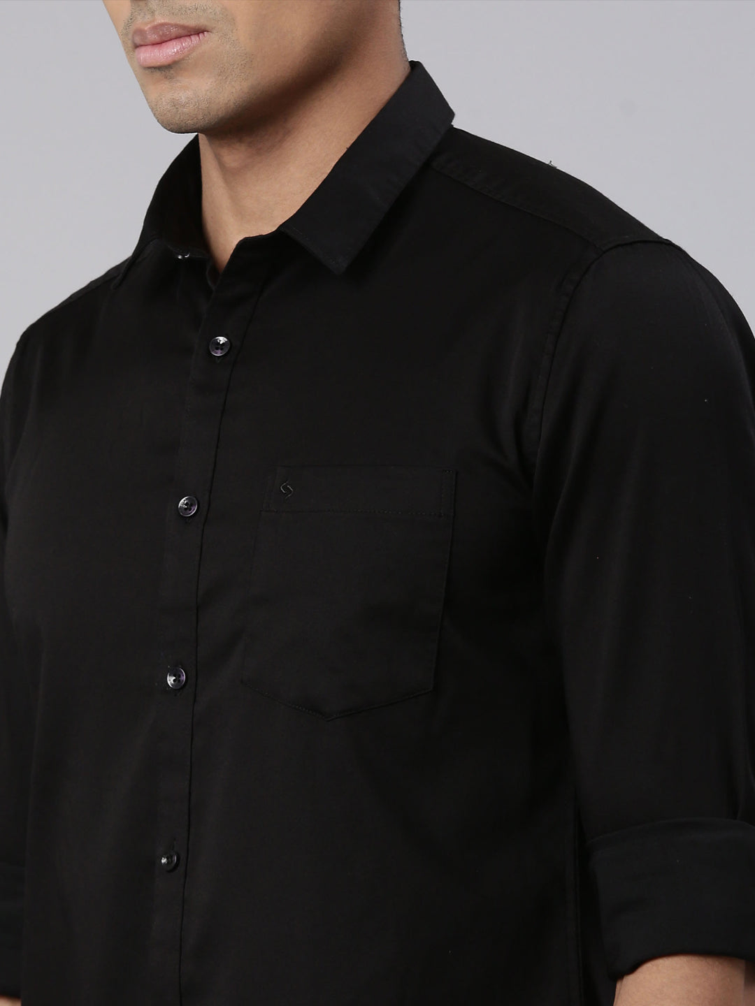 Classic Polo Men's Full Sleeve Black Polo Neck Cotton Slim Fit Casual Shirt | SP2-EL-08 B-FS-SLD-SF