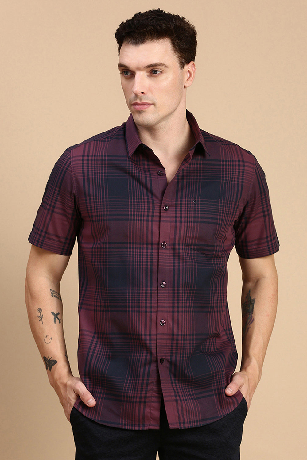 Classic Polo Men's Half Sleeve Maroon/Navy Polo Neck Slim Fit Checked Shirt | SP2-116 A-CHK-SF HS