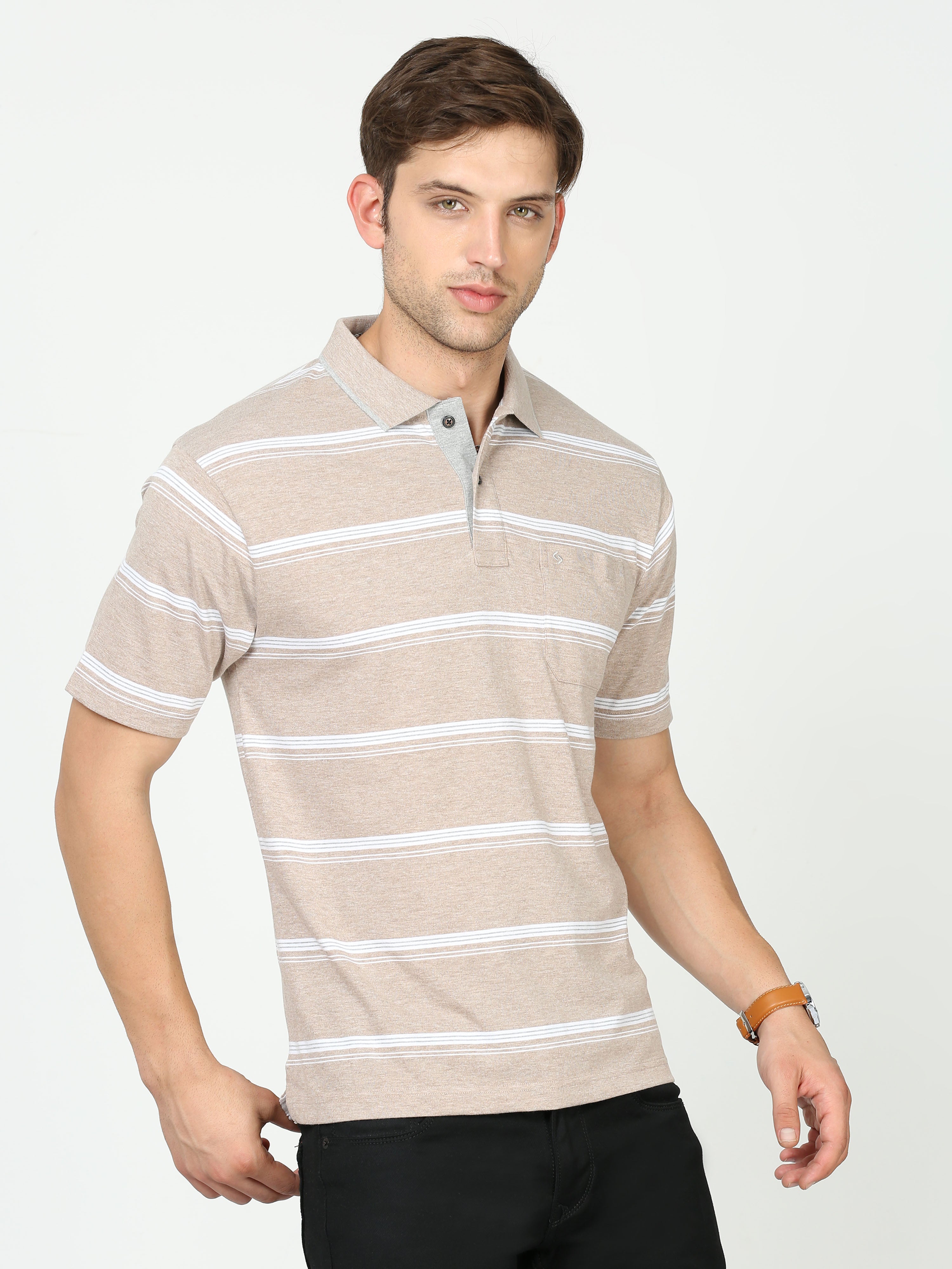 Classic Polo Mens Cotton Half Sleeves Striped Authentic Fit Polo Neck Cream Color T-Shirt | Mel - 238 A Af P