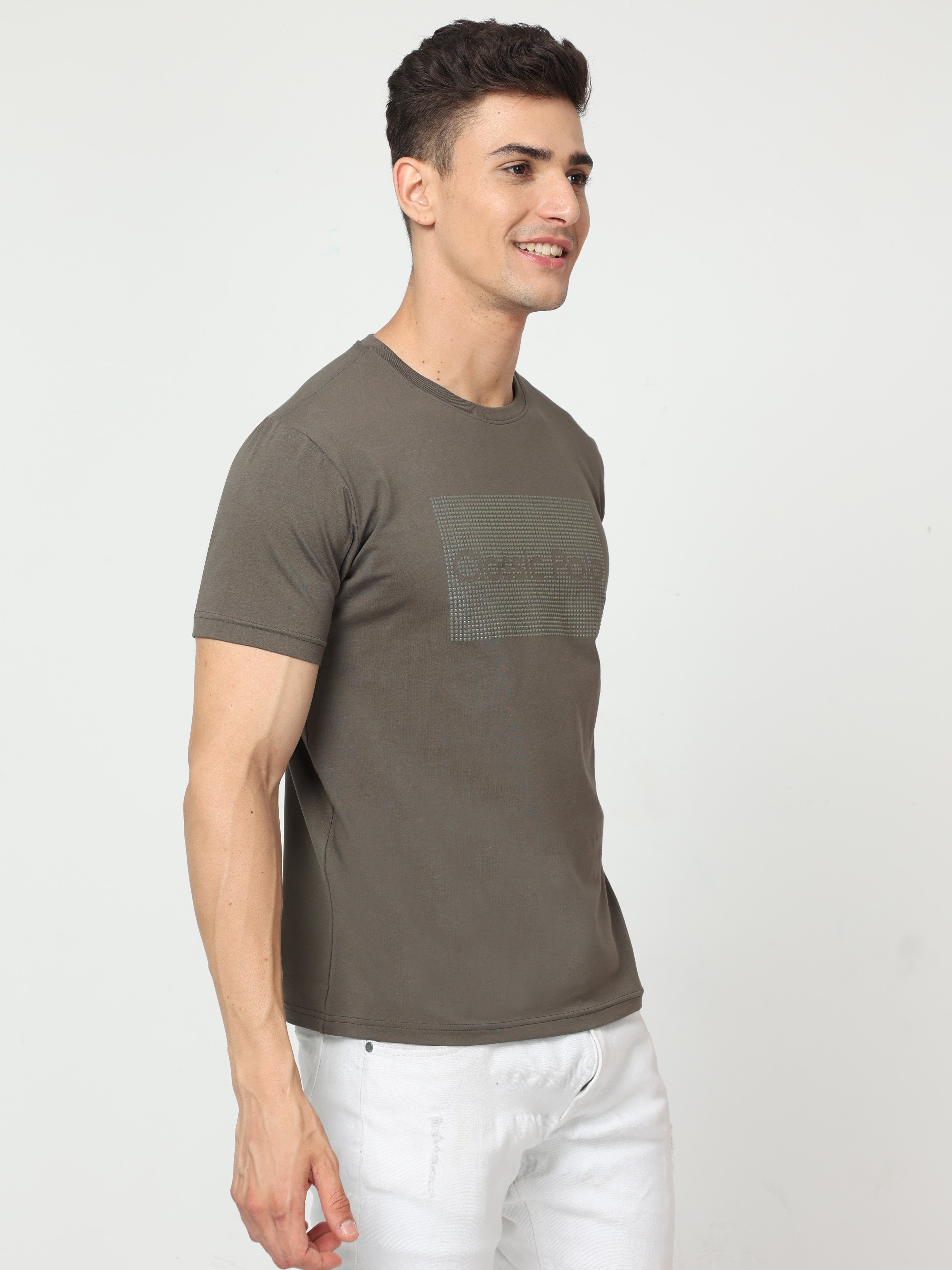 Classic Polo Mens Pure Cotton Half Sleeve Printed Slim Fit Crew Neck Grey Color T Shirt | Baleno - 520 A