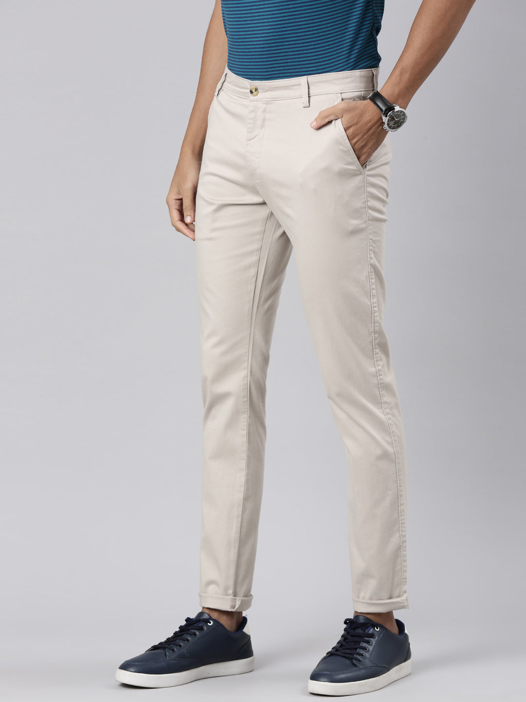 Classic Polo Men's Lt.Grey Cotton Lycra Moderate Fit Trousers | TRS-CHINO-L.GRY MF LY