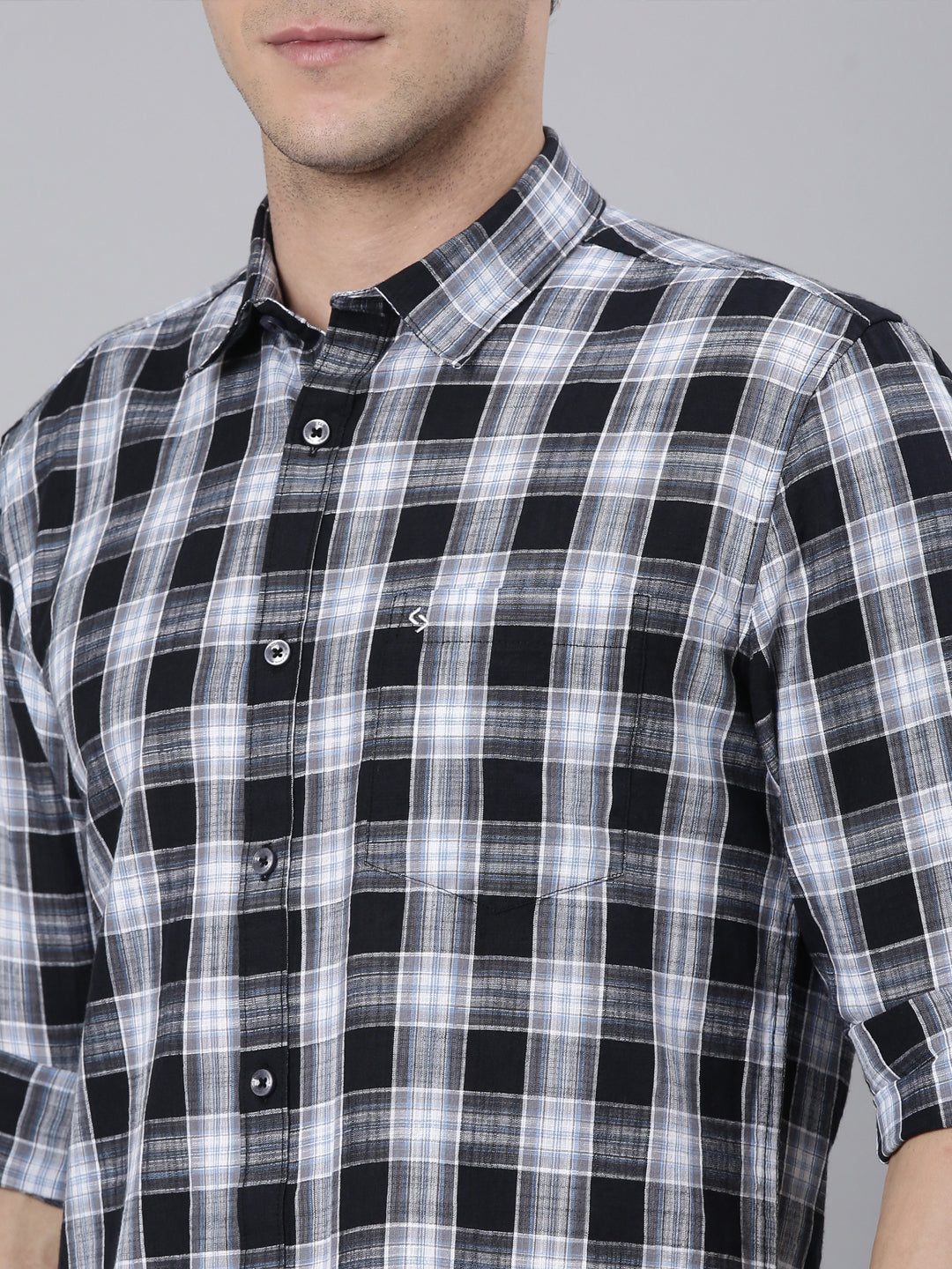 Classic Polo Men's Full Sleeve Black/White Polo Neck 100% Cotton Slim Fit Shirt | SP2-CL-70 B-FS-CHK-SF