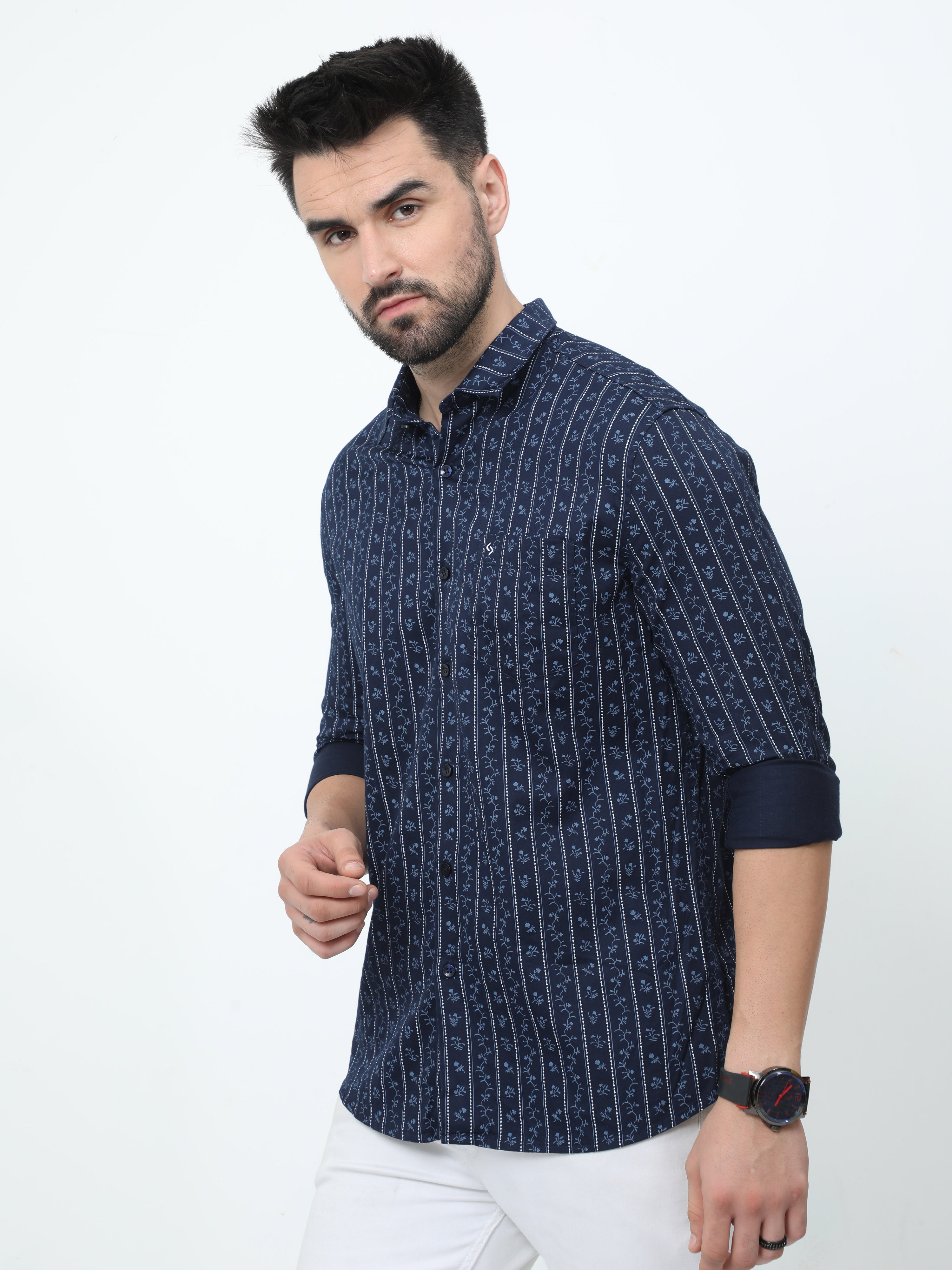 Classic Polo Mens Pure Cotton Full Sleeves Floral Slim Fit Polo Neck Dark Navy Color Woven Shirt | So2-167 B-Fs-Prt-Sf