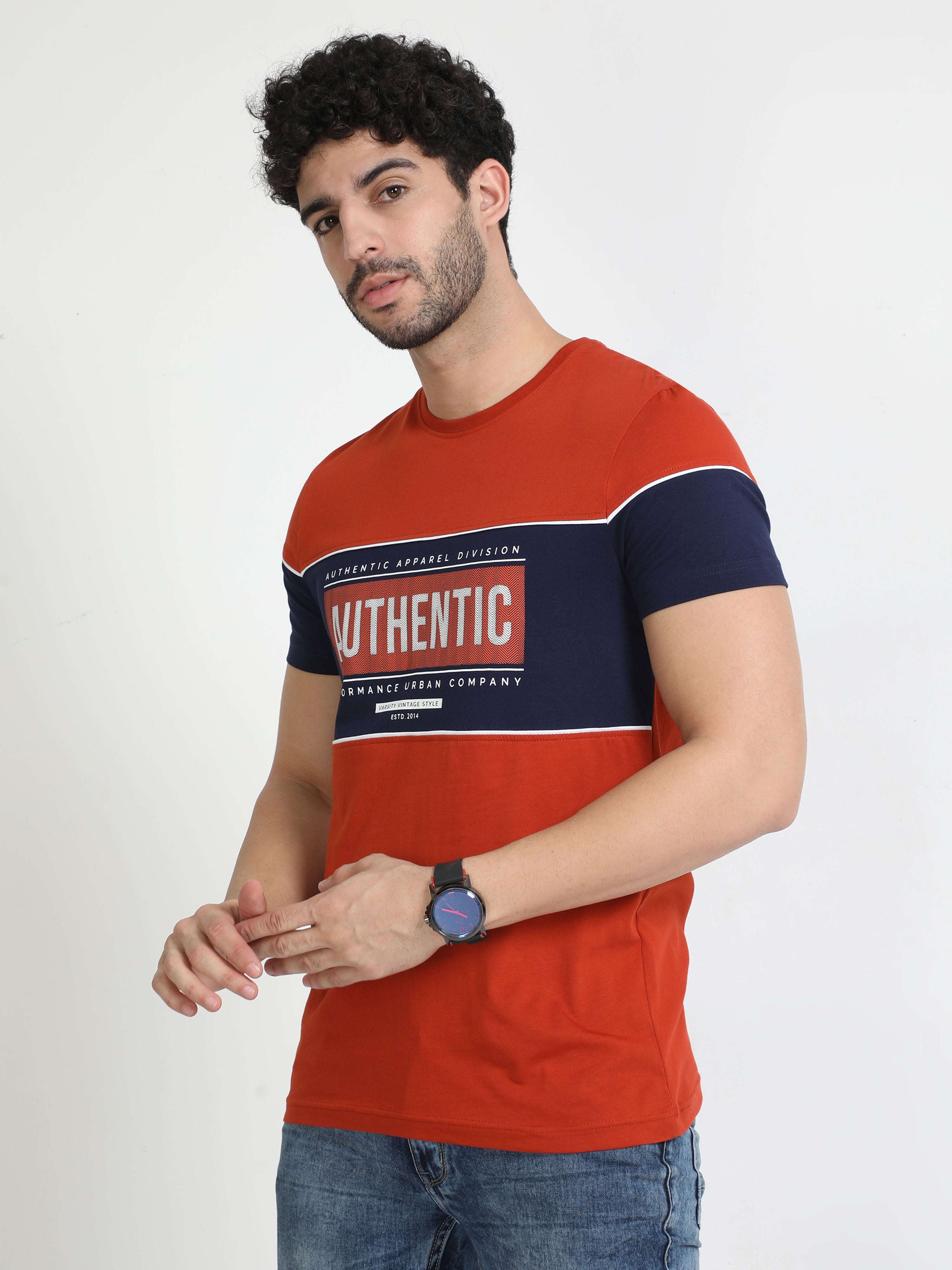 Classic Polo Mens Cotton Half Sleeves Colour Blocked Slim Fit Crew Neck Orange Color T-Shirt | Brcn - 548 B Sf C