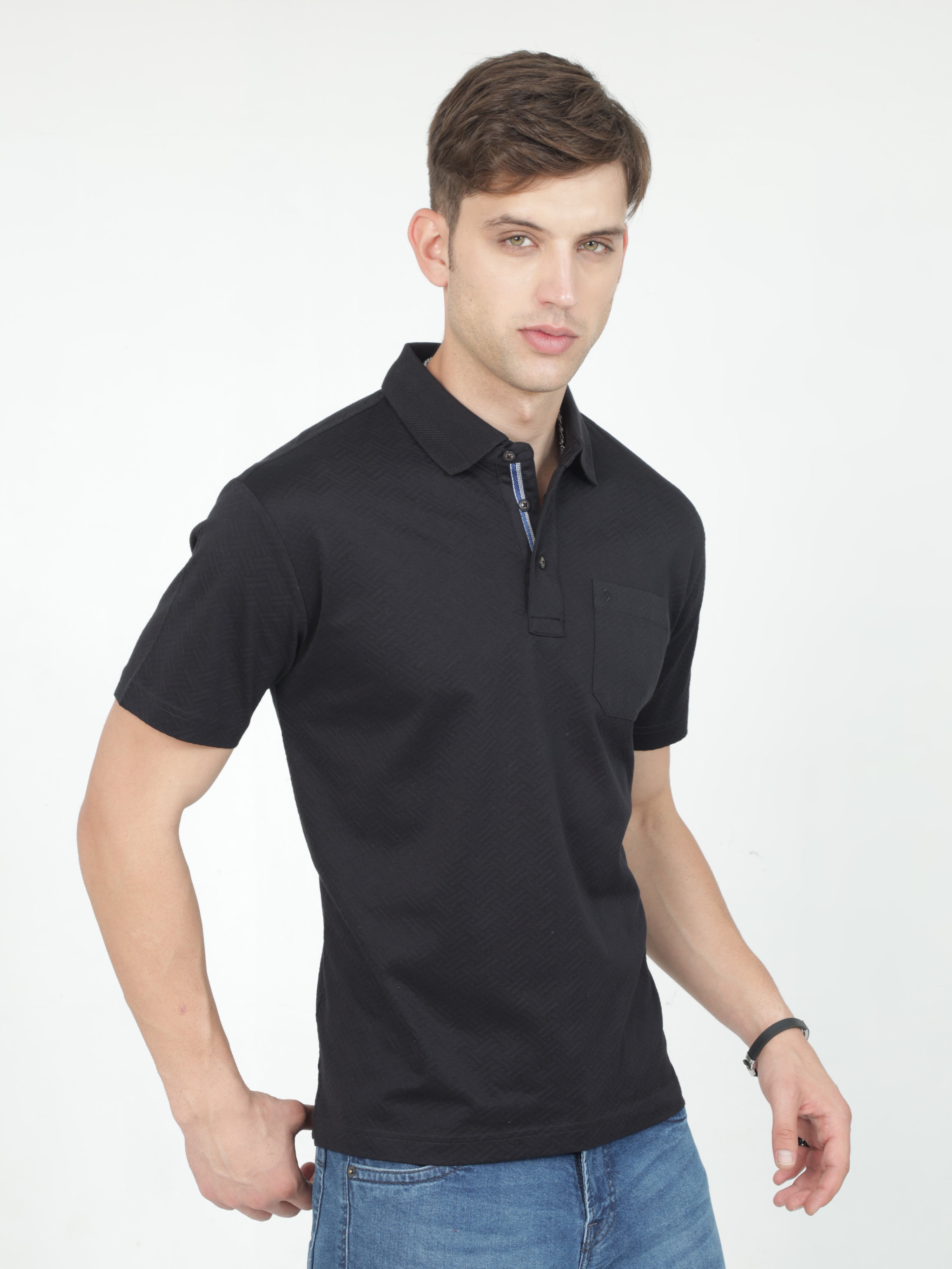 Classic Polo Mens Cotton Half Sleeves Floral Authentic Fit Polo Neck Black Color T-Shirt | Rare - 05 B Af P