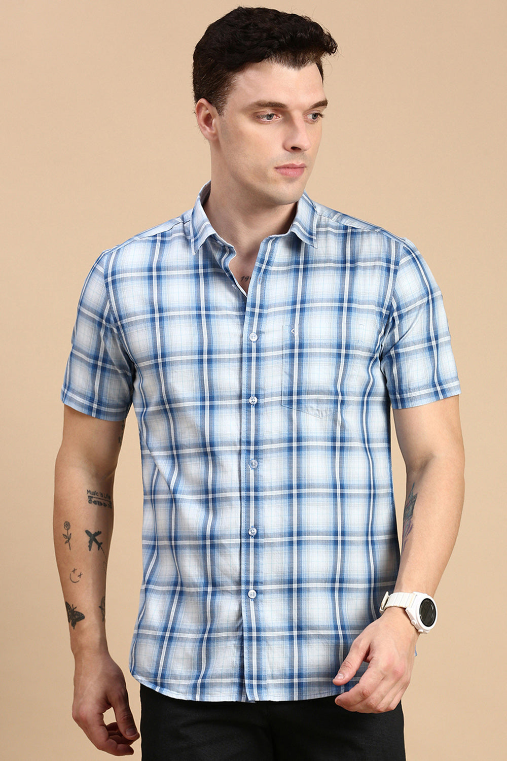 Classic Polo Men's Half Sleeve Blue/White Polo Neck Slim Fit Checked Shirt SP2-CL-75 A-HS-CHK-SF