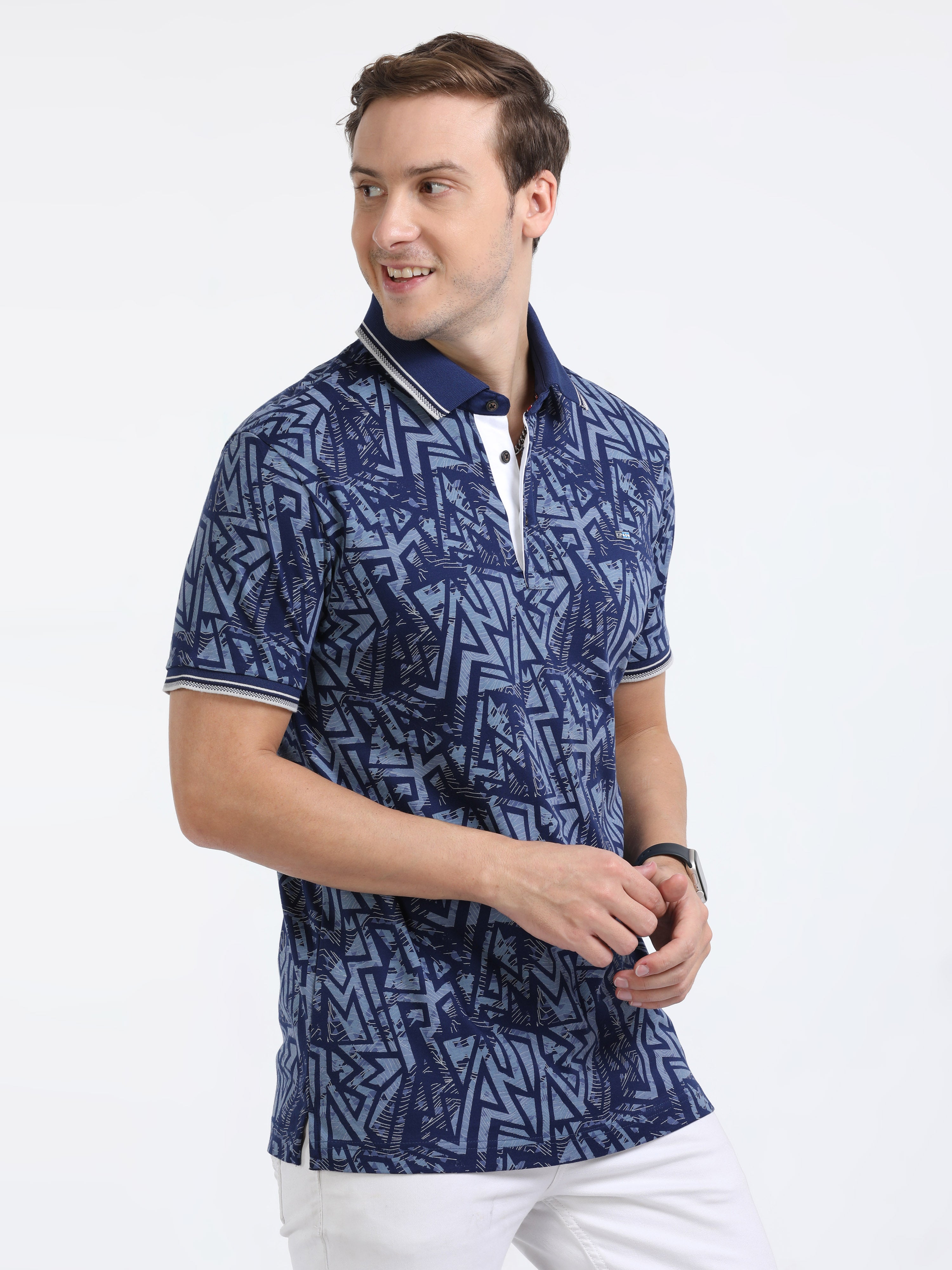 Classic Polo Mens Cotton Half Sleeves Floral Slim Fit Polo Neck Blue Color T-Shirt | Prm - 791 A Sf P