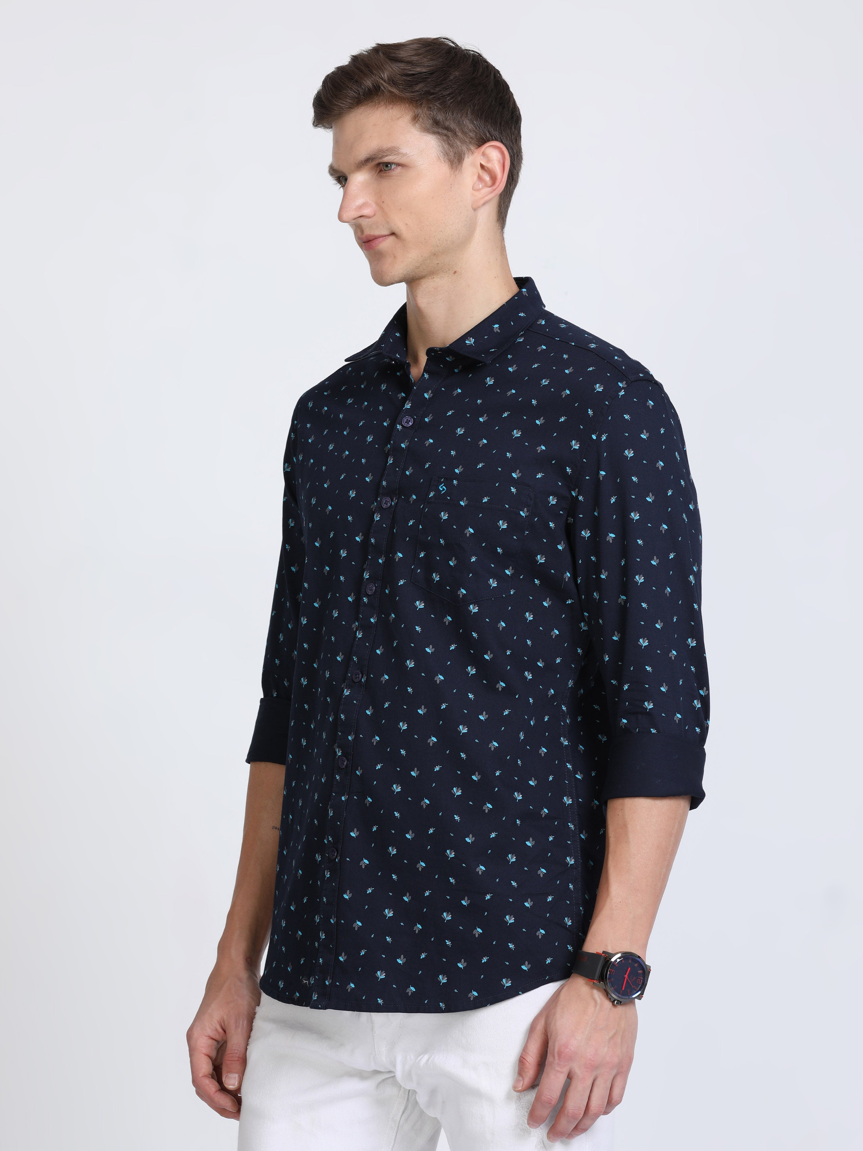 Classic Polo Mens Pure Cotton Full Sleeves Printed Slim Fit Polo Neck Dark Navy Color Woven Shirt | So2-165 B-Fs-Prt-Sf