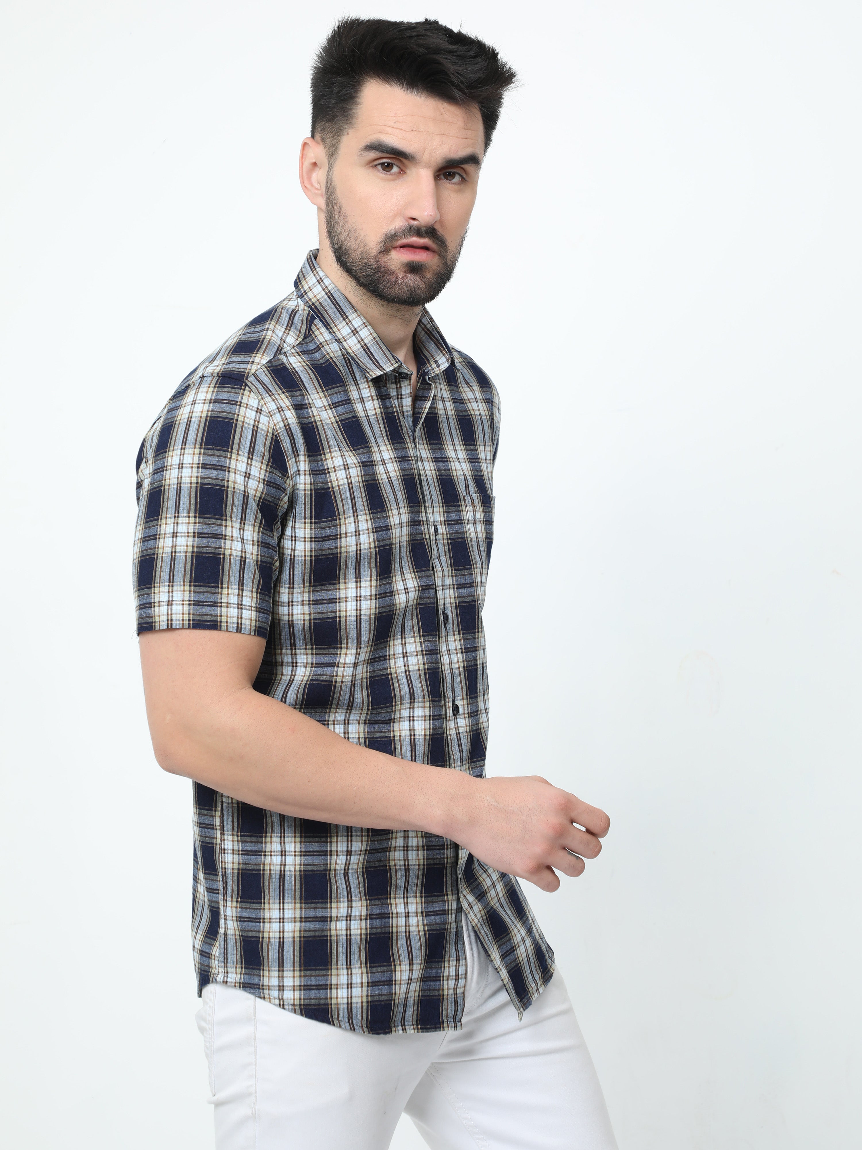 Classic Polo Mens Pure Cotton Half Sleeves Checked Slim Fit Polo Neck Navy Color Woven Shirt | So2-174 B-Hs-Chk-Sf