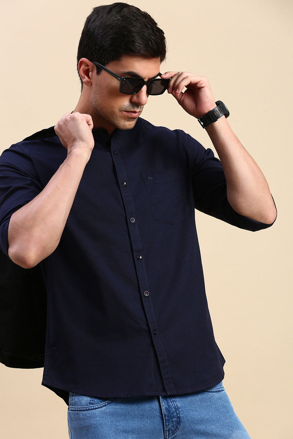 Classic Polo Men's Full Sleeve Navy Mandarin Neck Slim Fit Solid Woven Shirt | SQ1-EL-43 B-FS-SLD-SF